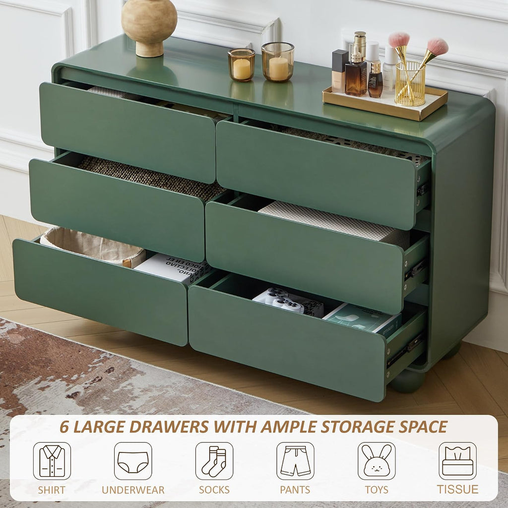 AVZEAR Modern 6 Drawer Green Dresser for Kids Bedroom, 48' Wide Wooden Dresser Chest of Drawers, Handle Free & Curved Profile Design, Mid Century Closet Clothes Storage Organizer for Living Room
