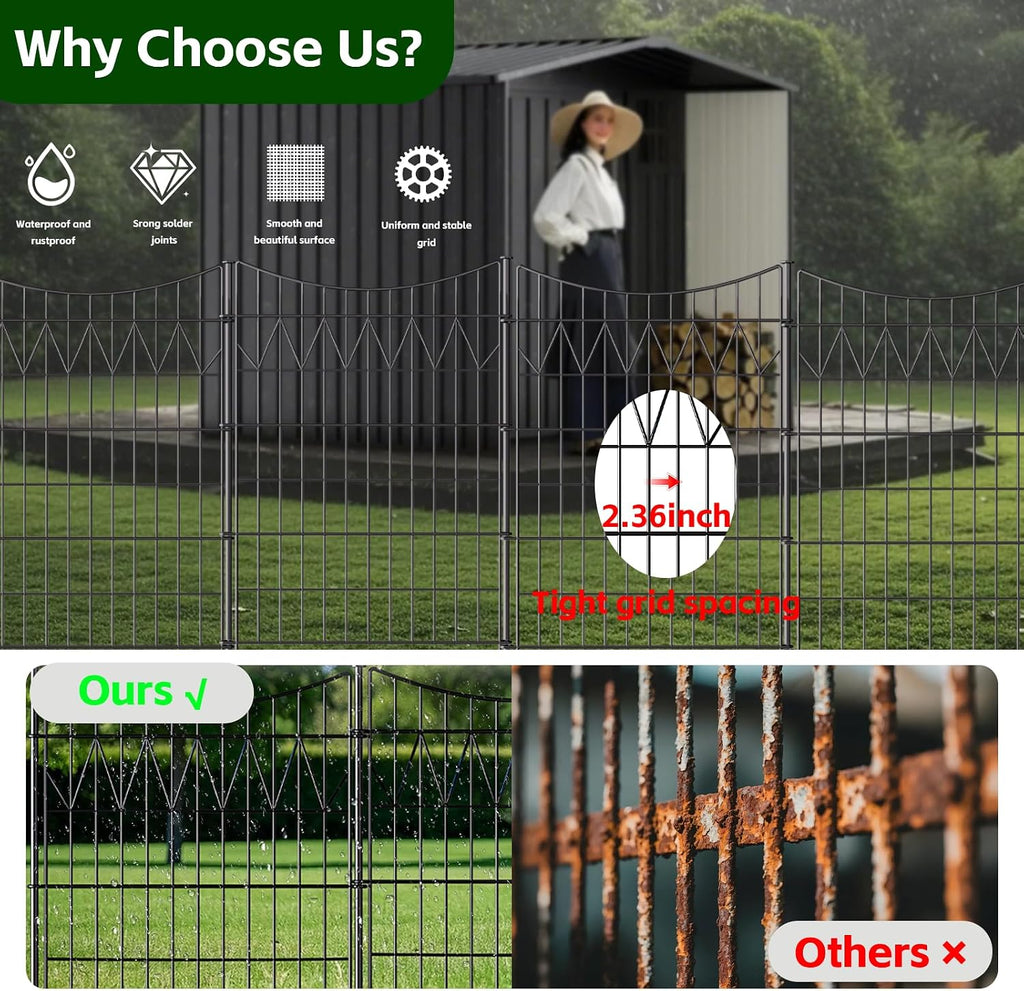 12 Panels No Dig Fence with gate, 40in(H)×27ft(L) Tall Garden Fence Animal Barrier | Rustproof Metal Decorative Fence Outdoor | Heavy Duty Reusable Defense Fence Panels for Yard, Patio, Black