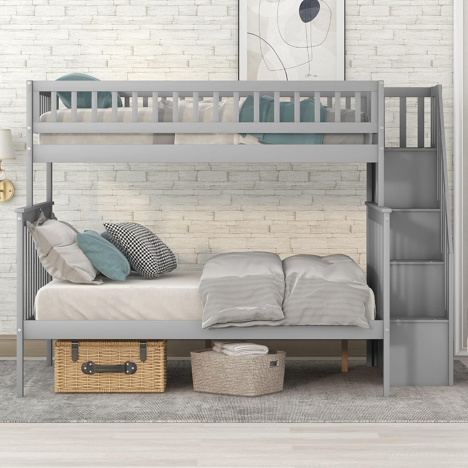 Harper & Bright Designs Wooden Bunk Bed with Stairs Twin Over Full Bunk Bed with Storage and Guard Rail for Kids Teens Adults (Gray)