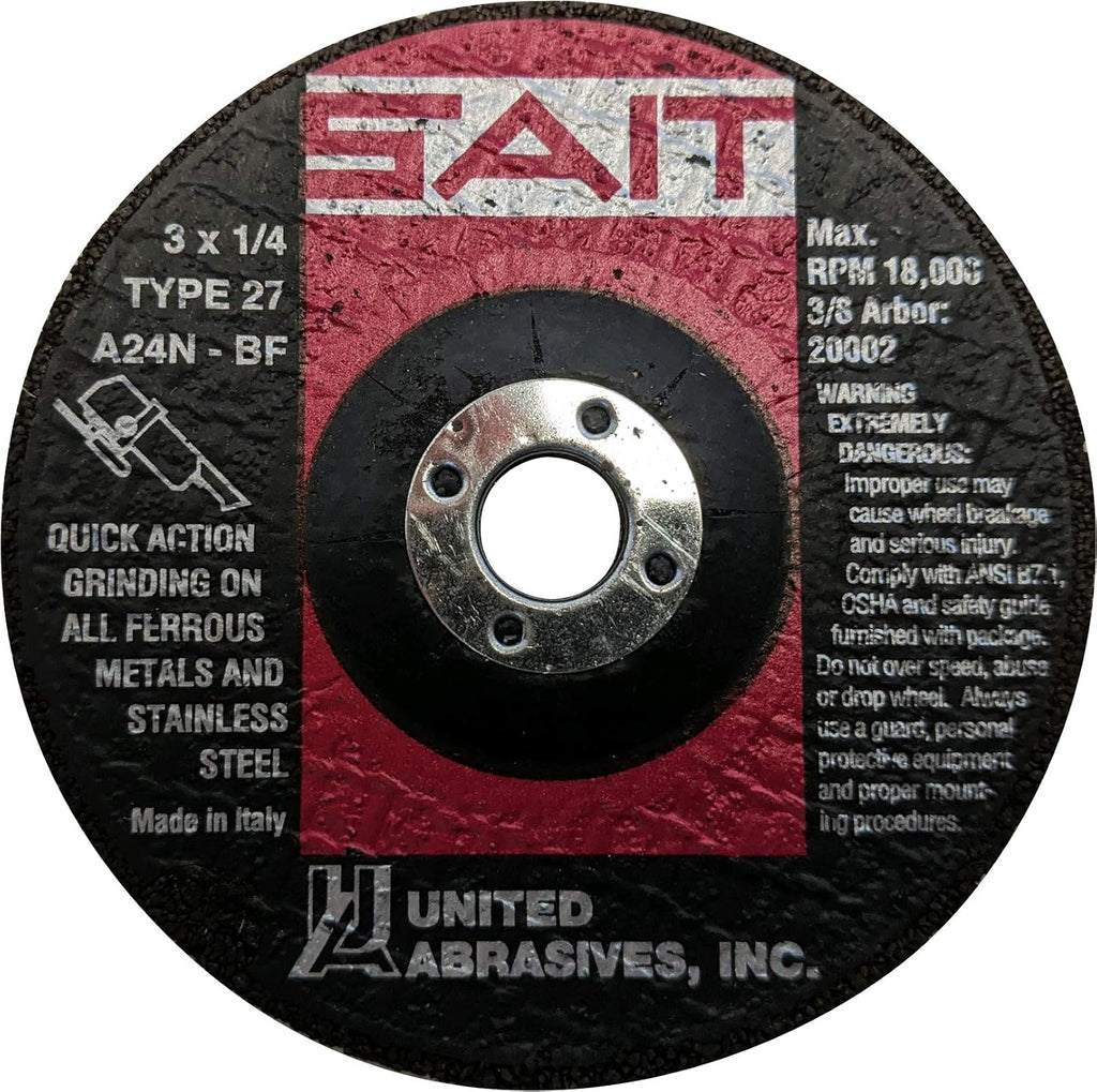 United Abrasives-SAIT 20002 A24N Fast Grinding Wheel 3' x 1/4' x 3/8' Type 27, 25-Pack