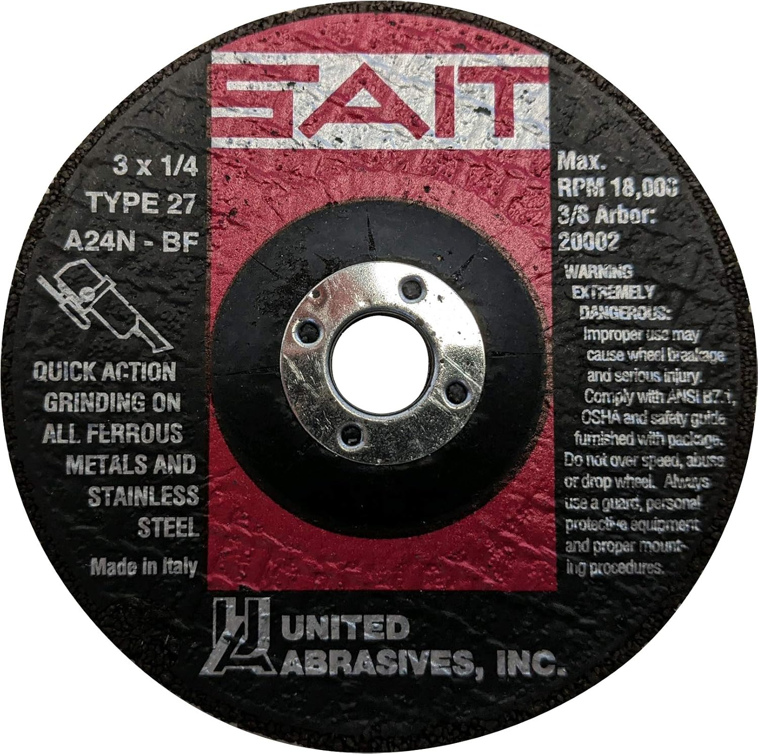 United Abrasives-SAIT 20002 A24N Fast Grinding Wheel 3' x 1/4' x 3/8' Type 27, 25-Pack