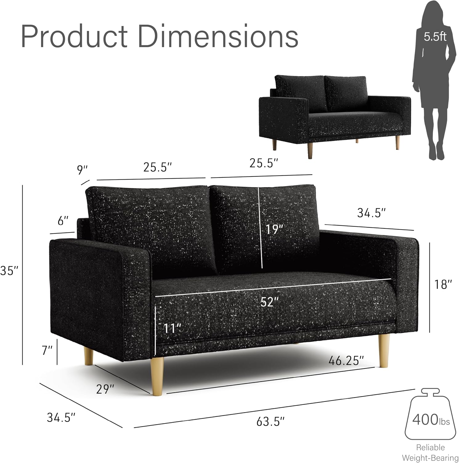 Furniture of America Oriana Contemporary Boucle Fabric 3-Piece Sofa Set with Back Pillows and Wooden Legs, Accent Furniture Sets for Living Room, Home Office, Bedroom, Lounge, Black