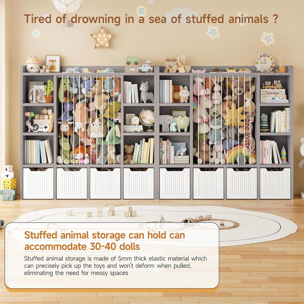 ONBRILL Toy Storage Organizer, Toddler Stuffed Animal Storage, Kids Toy Shelf with 6 Open Cubbies & 4 Movable Toy Chest, Bookshelf for Kids Room Playroom Bedroom Nursery (Grey)
