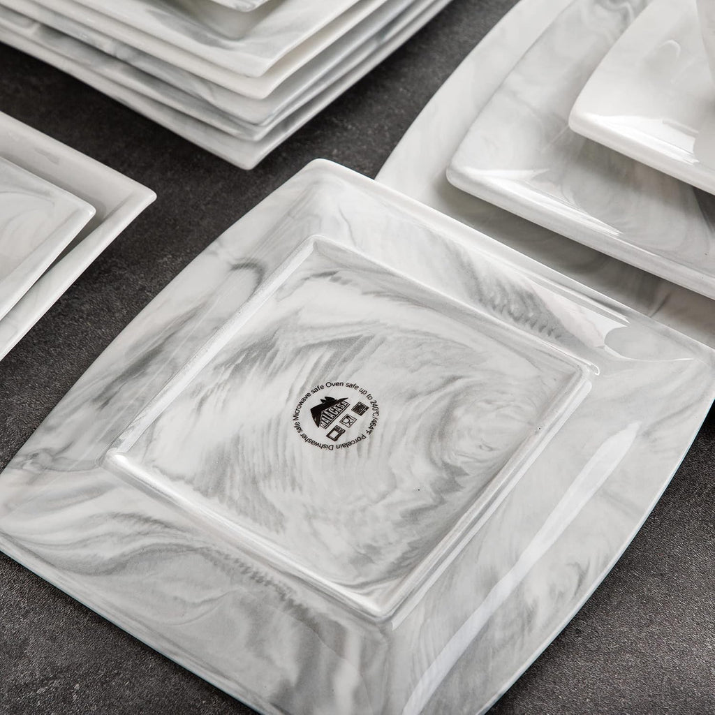 MALACASA Dinnerware Sets, 32 Pieces Porcelain Plates and Bowls Sets for 6, Marble Grey Dishes with Plates and Bowls, Cups and Saucers, Side Dish Plates, Square Dinner Set, Series Blance