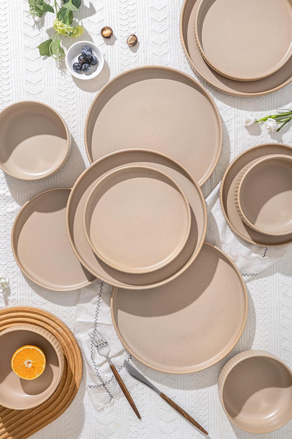 FOBENTA Handcrafted Dish Set for 8,24 Piece Rustic Brown Ceramic Plates and Bowls Set – Vintage-Inspired Dinnerware Sets for Hosting & Everyday Warmth