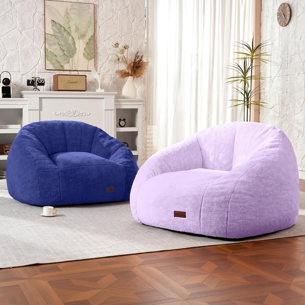 HABUTWAY Bean Bag Chair, Giant Bean Bag Chairs for Adults with Ottoman, Comfy Faux Fur Shell-Shaped Bean Bag Couch, Sofa Chair for Living Room, Bedroom, Navy Blue