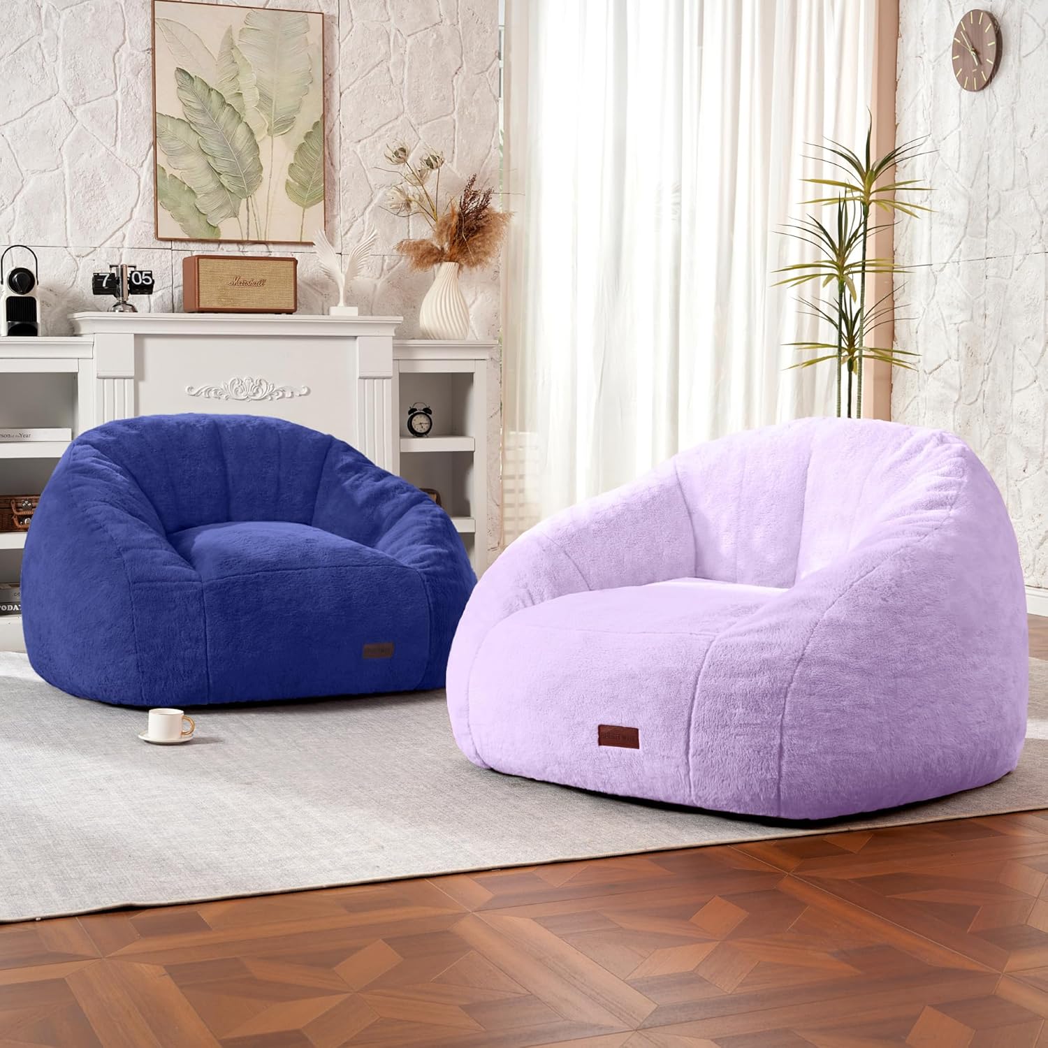 HABUTWAY Bean Bag Chair, Giant Bean Bag Chairs for Adults with Ottoman, Comfy Faux Fur Shell-Shaped Bean Bag Couch, Sofa Chair for Living Room, Bedroom, Navy Blue