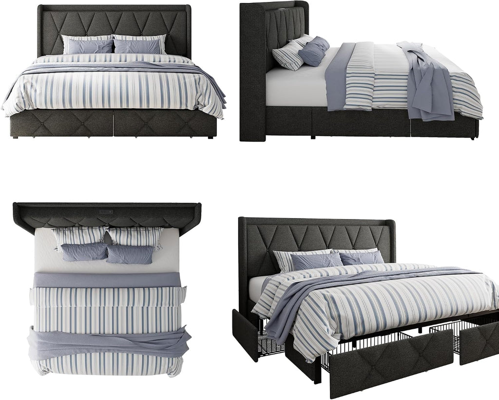GalnFu King Size Bed Frame with 4 Storage Drawers, Upholstered Platform Bed with Charging Station, Modern Wingback Storage Headboard, Easy Assembly,Noise-Free, Dark Gray