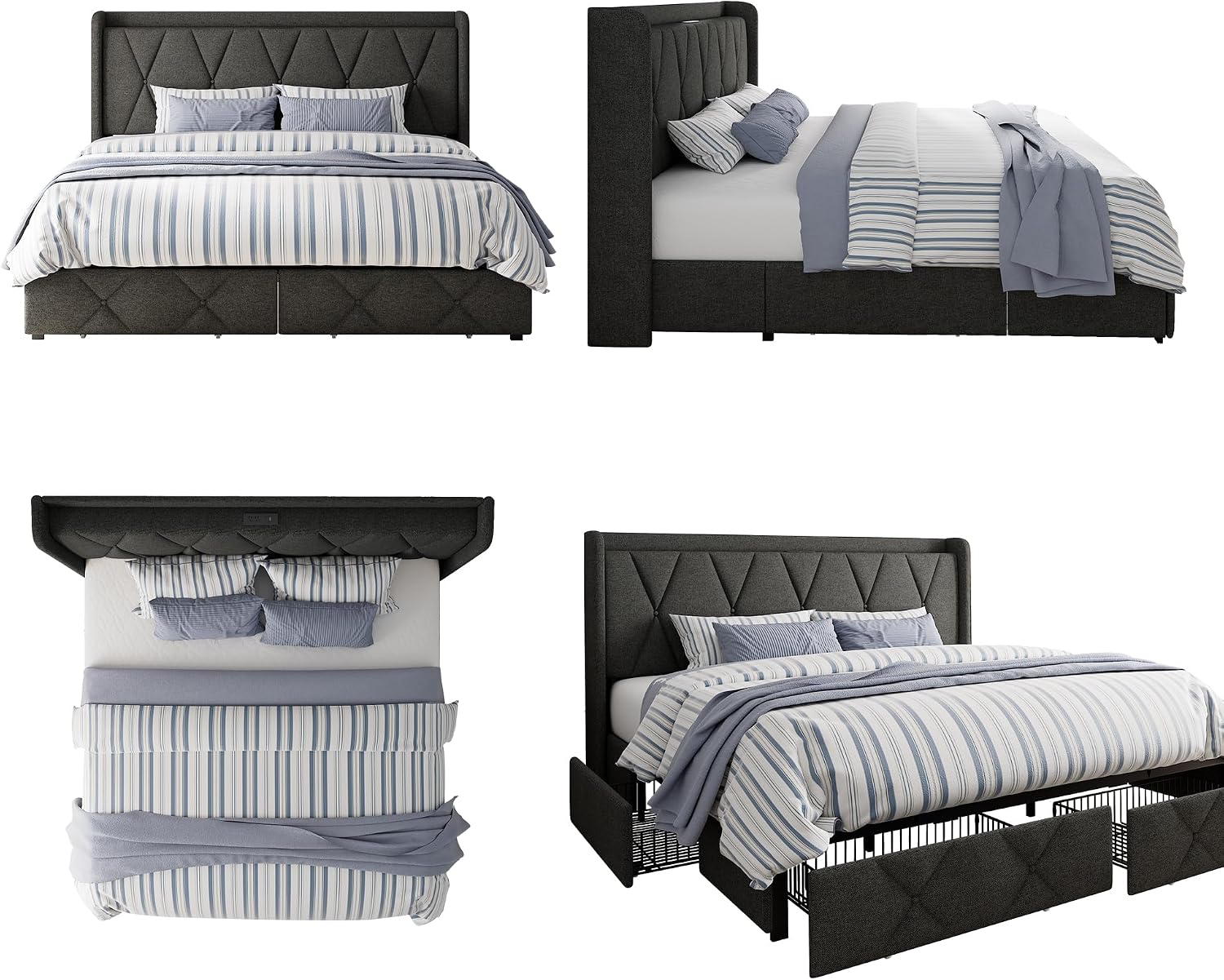 GalnFu King Size Bed Frame with 4 Storage Drawers, Upholstered Platform Bed with Charging Station, Modern Wingback Storage Headboard, Easy Assembly,Noise-Free, Dark Gray