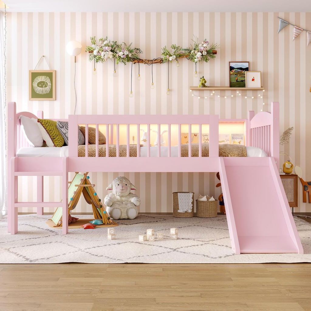 JIVOIT Twin Loft Bed with Storage Shelves, Solid Wood Lower Loft Bed with Full-Length Guardrails, Wood Slats Support, Space-Saving Design, No Box Spring Needed (Pink,Twin,51)