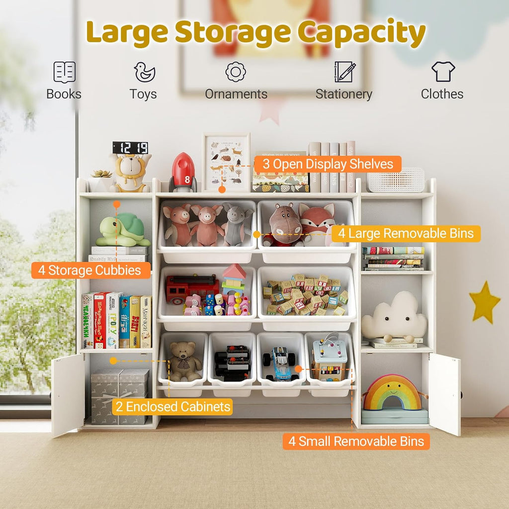 Costzon Kids Toy Storage Organizer w/ 8 Bins, Wooden Toddler Bookcase w/Open Shelves & Cabinet, Multifunctional Toy Storage Cabinet for Kids Room, Nursery & Playroom