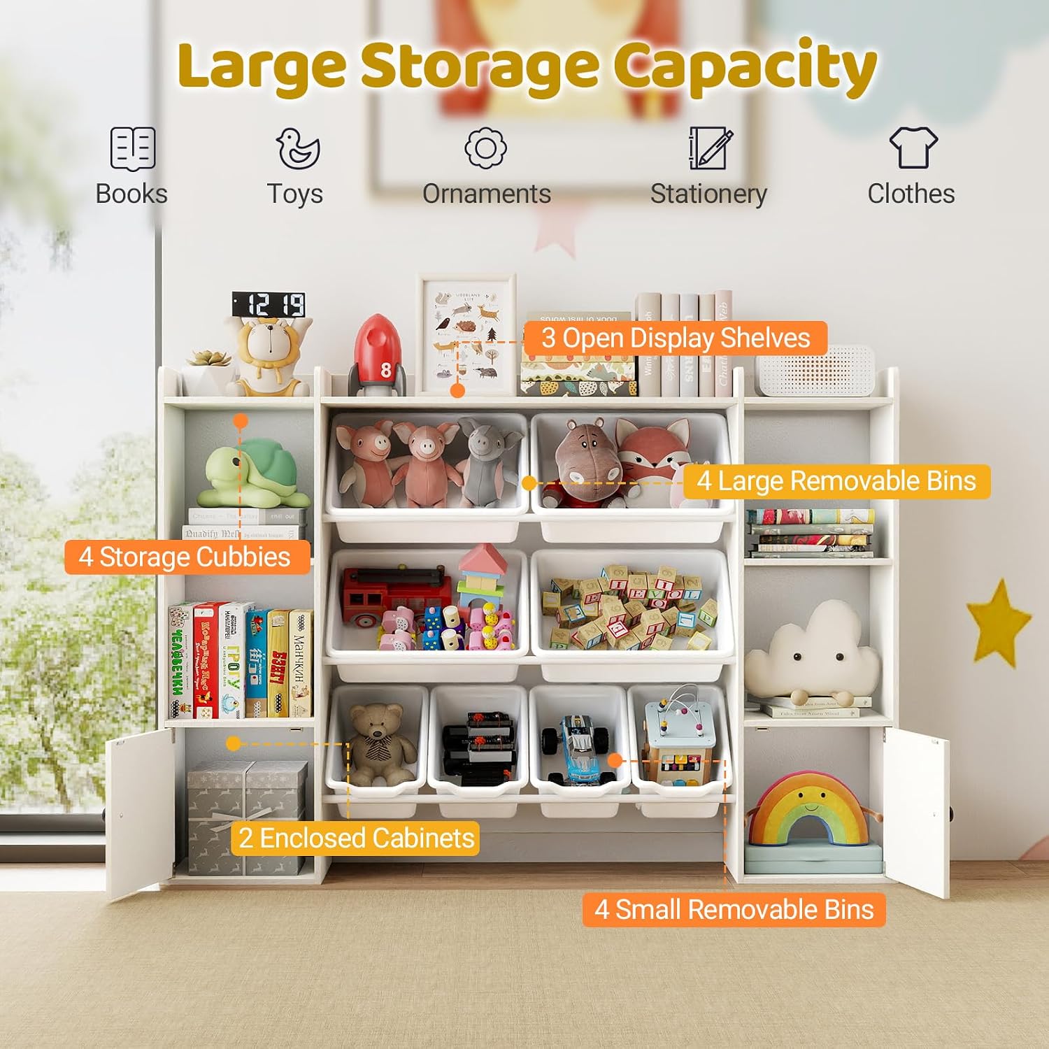 Costzon Kids Toy Storage Organizer w/ 8 Bins, Wooden Toddler Bookcase w/Open Shelves & Cabinet, Multifunctional Toy Storage Cabinet for Kids Room, Nursery & Playroom