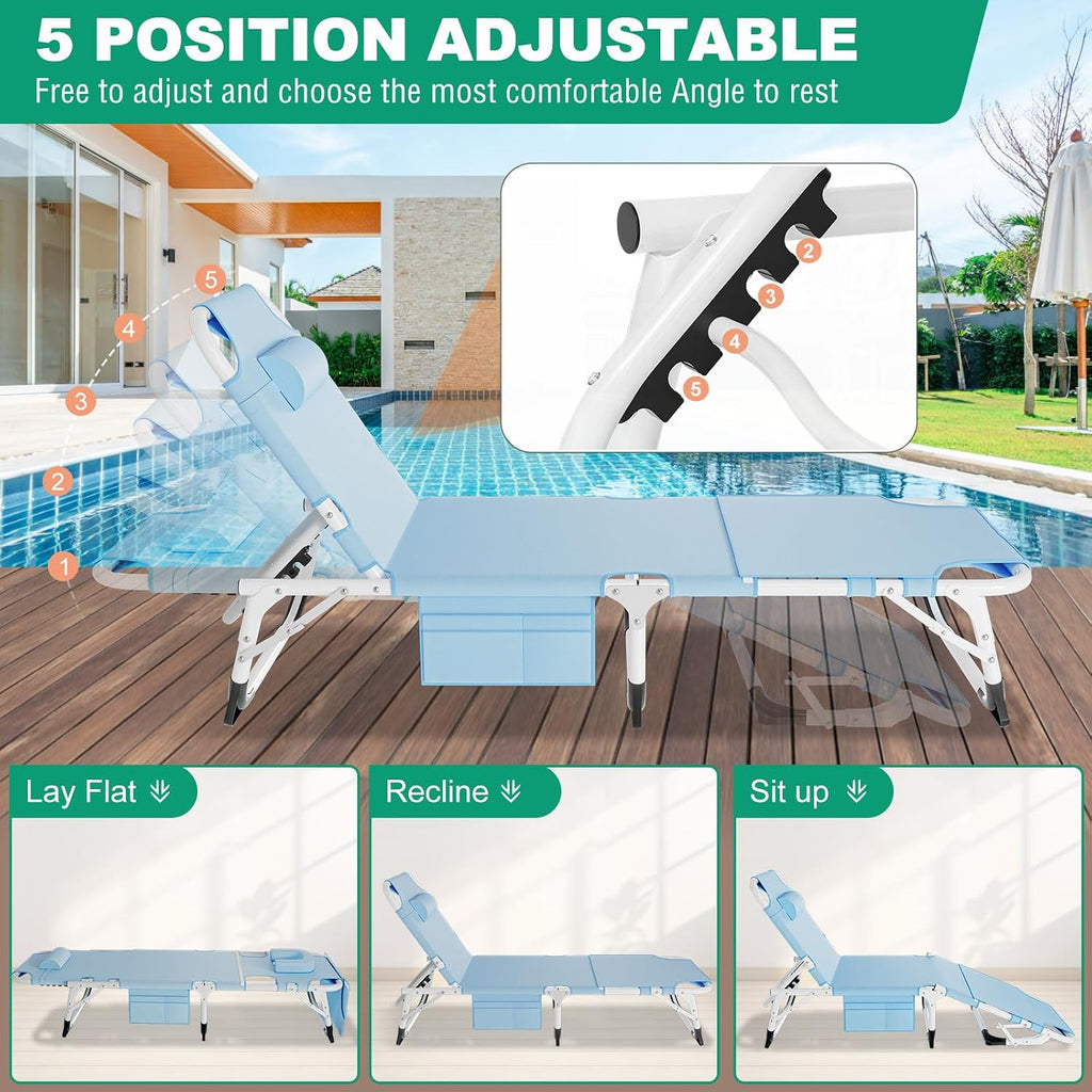 LILYPELLE 3in1 Sun Tanning Chair with Mattress, Heavy Duty Lounger Chairs with Face Arm Hole, Removable Pillow, Outside Chaise Lounge Chair for Sunbathing, Patio, Poolside, Lawn, Beach