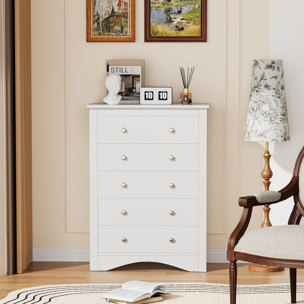 YESHOMY Tall Dresser for Bedroom with 5 Drawers, Modern Chest of Drawers, Wooden Dressers, TV Stand for Living Room,Closet, Hallway (Warm White)