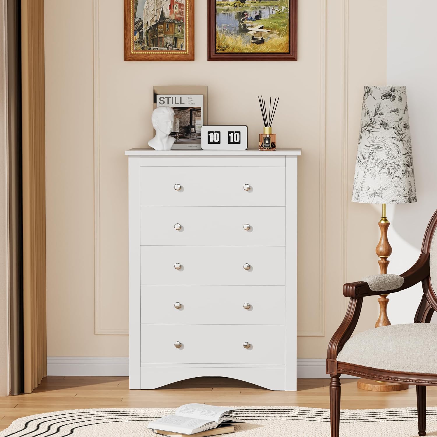 YESHOMY Tall Dresser for Bedroom with 5 Drawers, Modern Chest of Drawers, Wooden Dressers, TV Stand for Living Room,Closet, Hallway (Warm White)