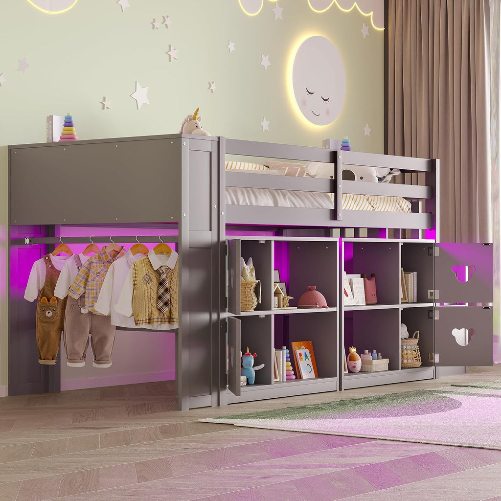 JIVOIT Twin Size Low Loft Bed with Open Shelves, Storage Cabinets, Storage Headboard and Stair, Full-Length Guardrails, No Box Spring Needed (Grey, 50)