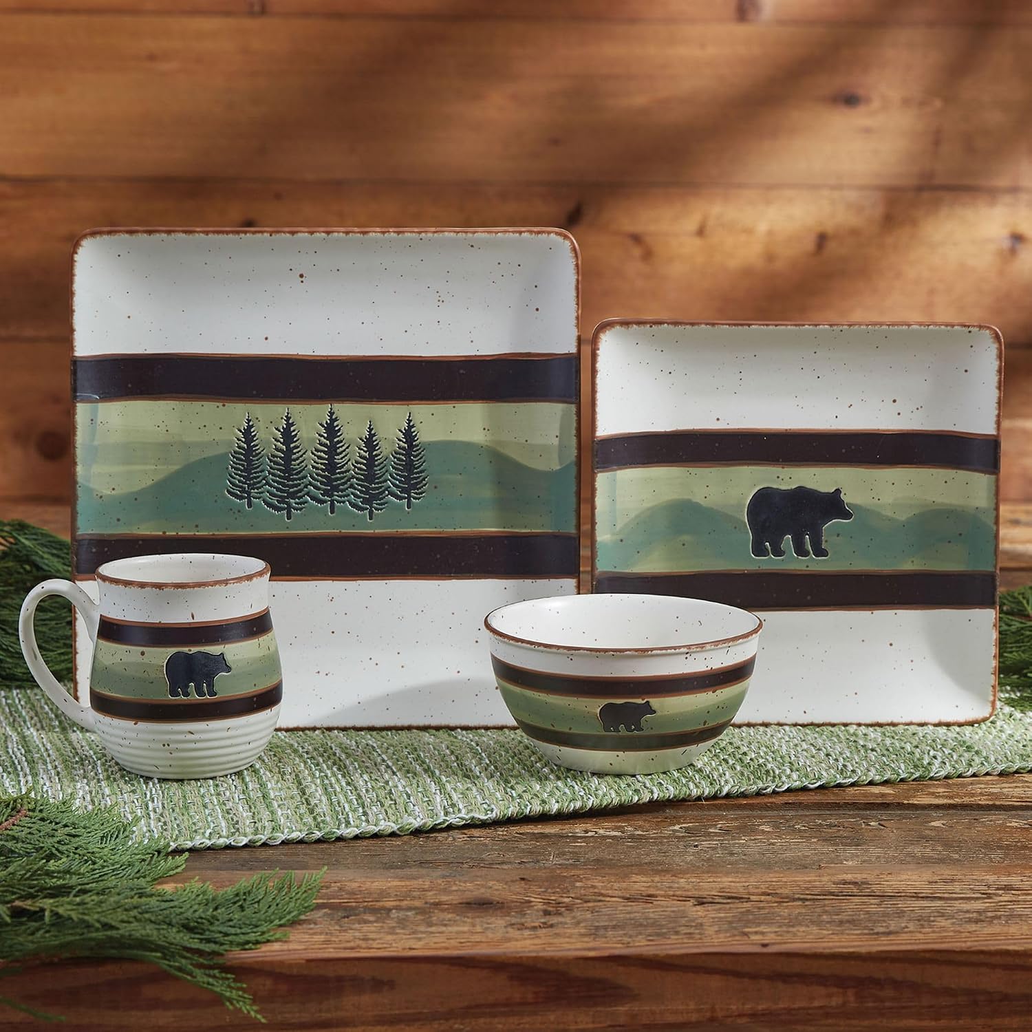 Park Designs Skyline Bear Salad Plate Set of 4 | 8.5' | Stoneware | Debossed Bear & Mountain Design | Lodge Dinnerware
