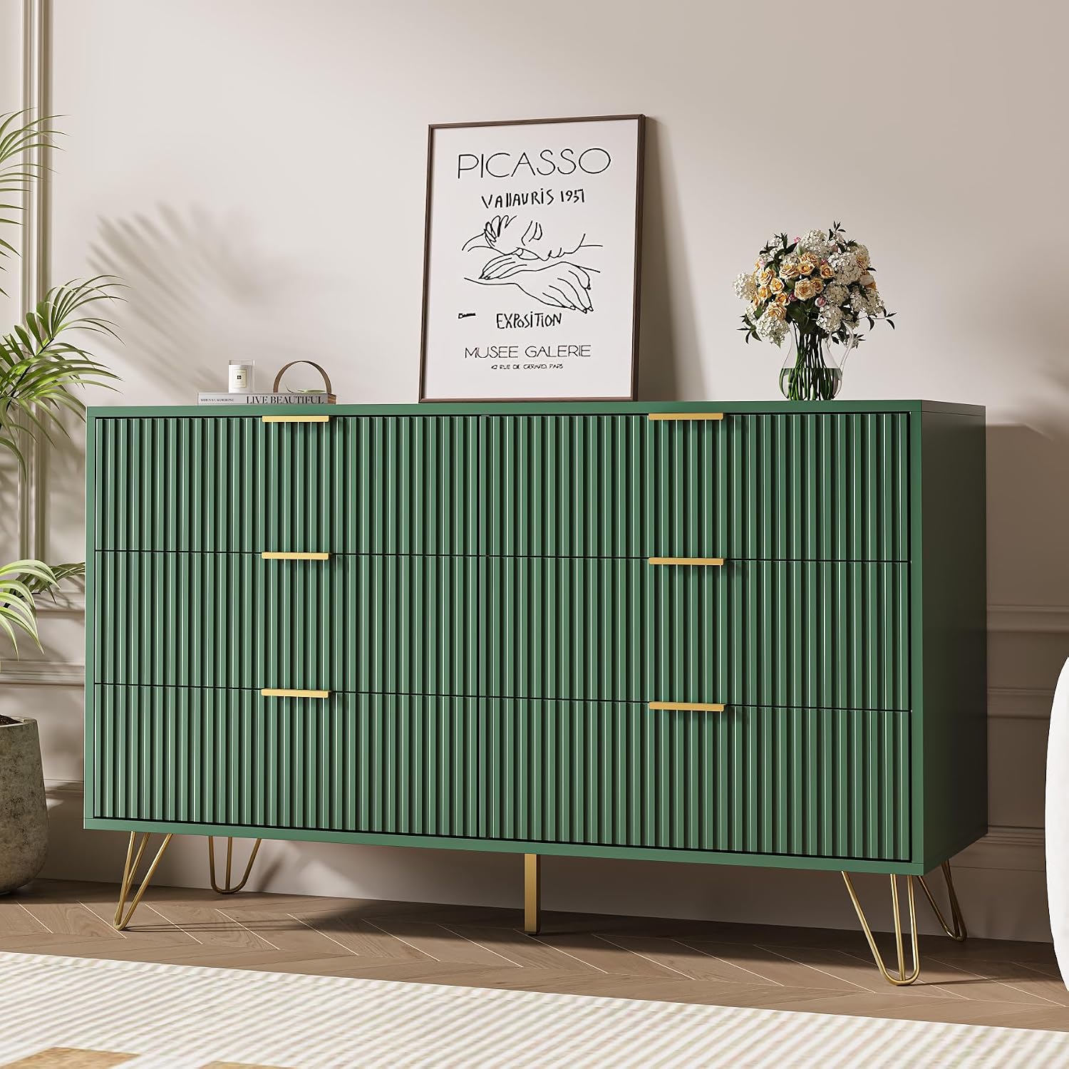 MAISONARIA Green Dresser for Bedroom, Modern Dresser with Gold Metal Handles & Chests of Drawers, Wood Chest of Drawers for Bedroom