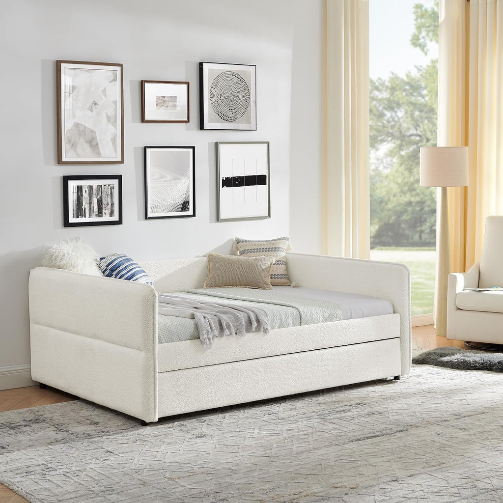 Ball & Cast Full Size Daybed with Pop up Trundle,Boucle Fabric Upholstered Day Bed Frame with Wood Slats Support,Extendable Trundle Bed,Full to King Daybed,Easy Assembly,Beige