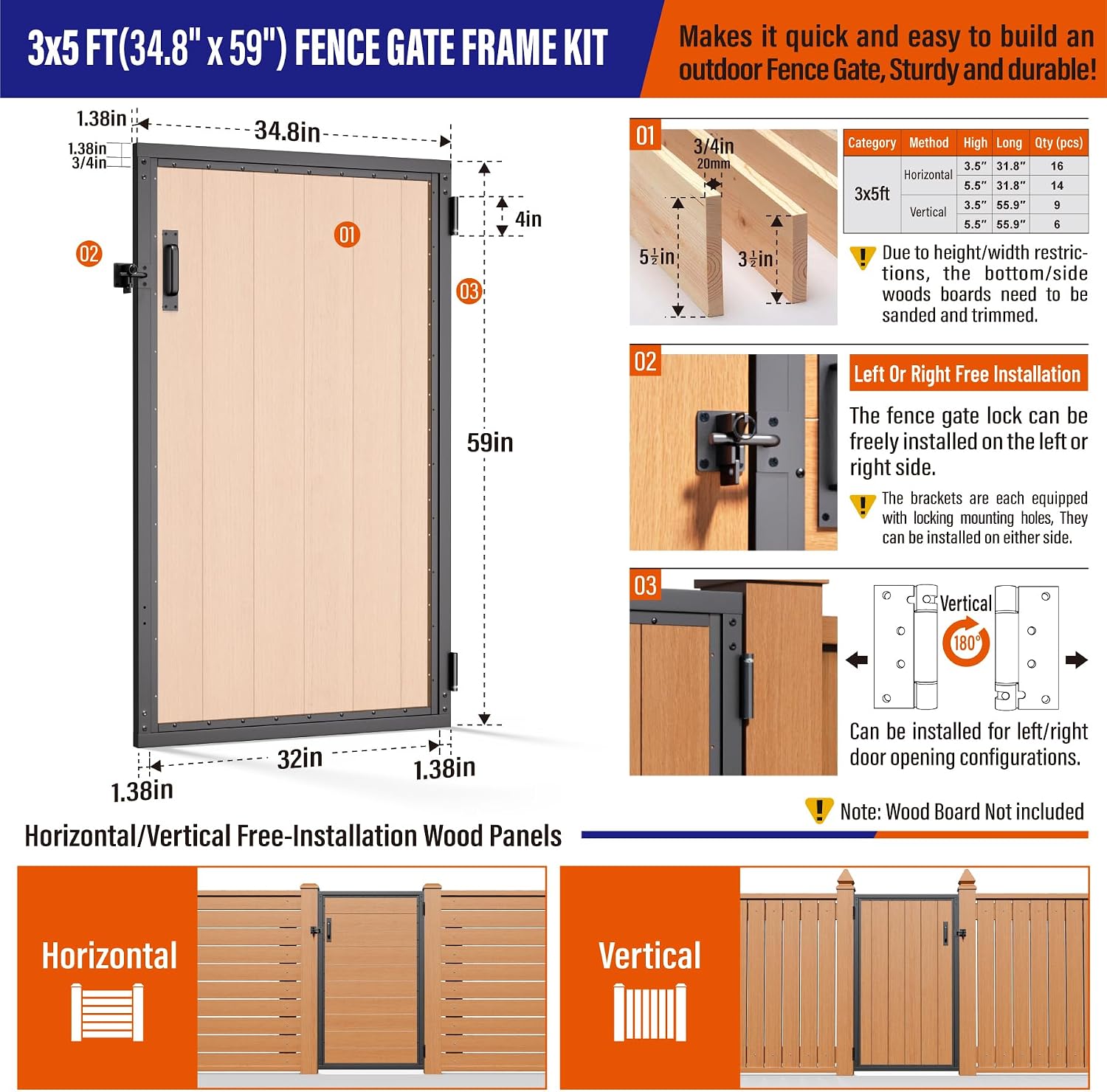 3x5FT (34.8'W X 59'H) Stainless Steel Anti Sag Wooden Fence Gate Kit Heavy Duty Garden Gate Frame Hardware Kit Reinforcement (Left/Right Free-Installation)