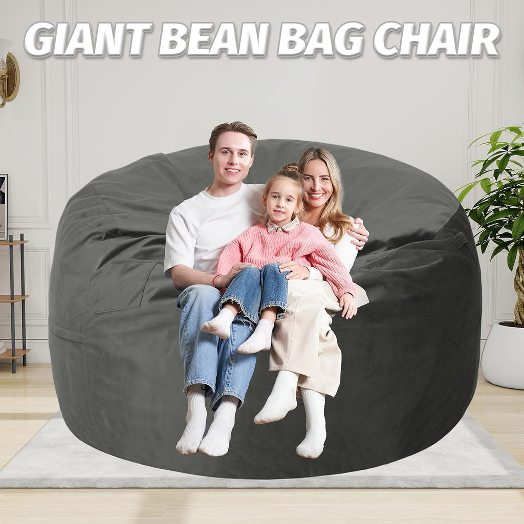 6FT Bean Bag Chair with Ultra Soft Velvet Cover Bean Bag Sofa with Memory Foam Bean Bag Chairs with Large Size Lazy Sofa for Dorm Office Living Room Bedroom Grey 6'