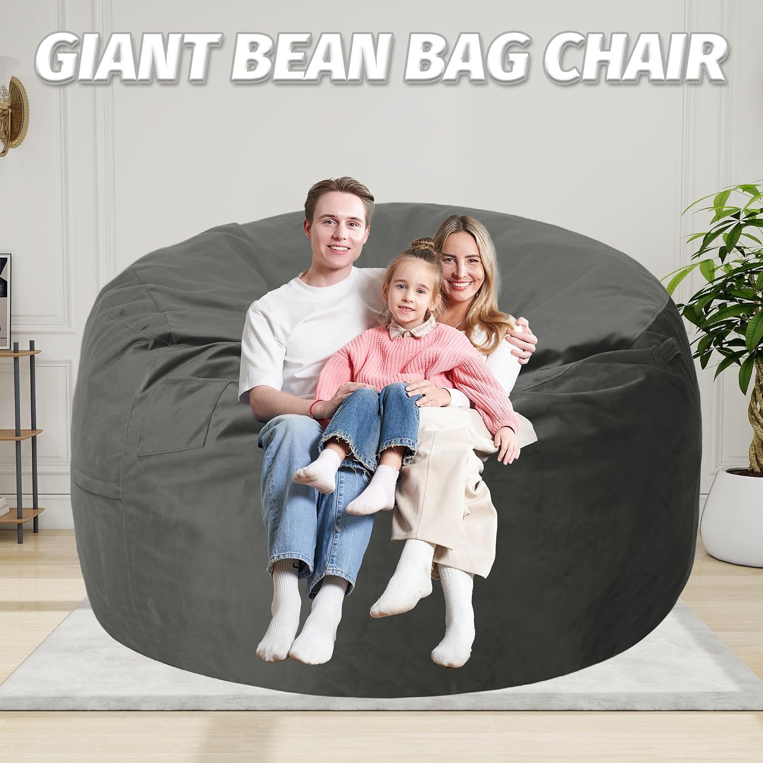 6FT Bean Bag Chair with Ultra Soft Velvet Cover Bean Bag Sofa with Memory Foam Bean Bag Chairs with Large Size Lazy Sofa for Dorm Office Living Room Bedroom Grey 6'