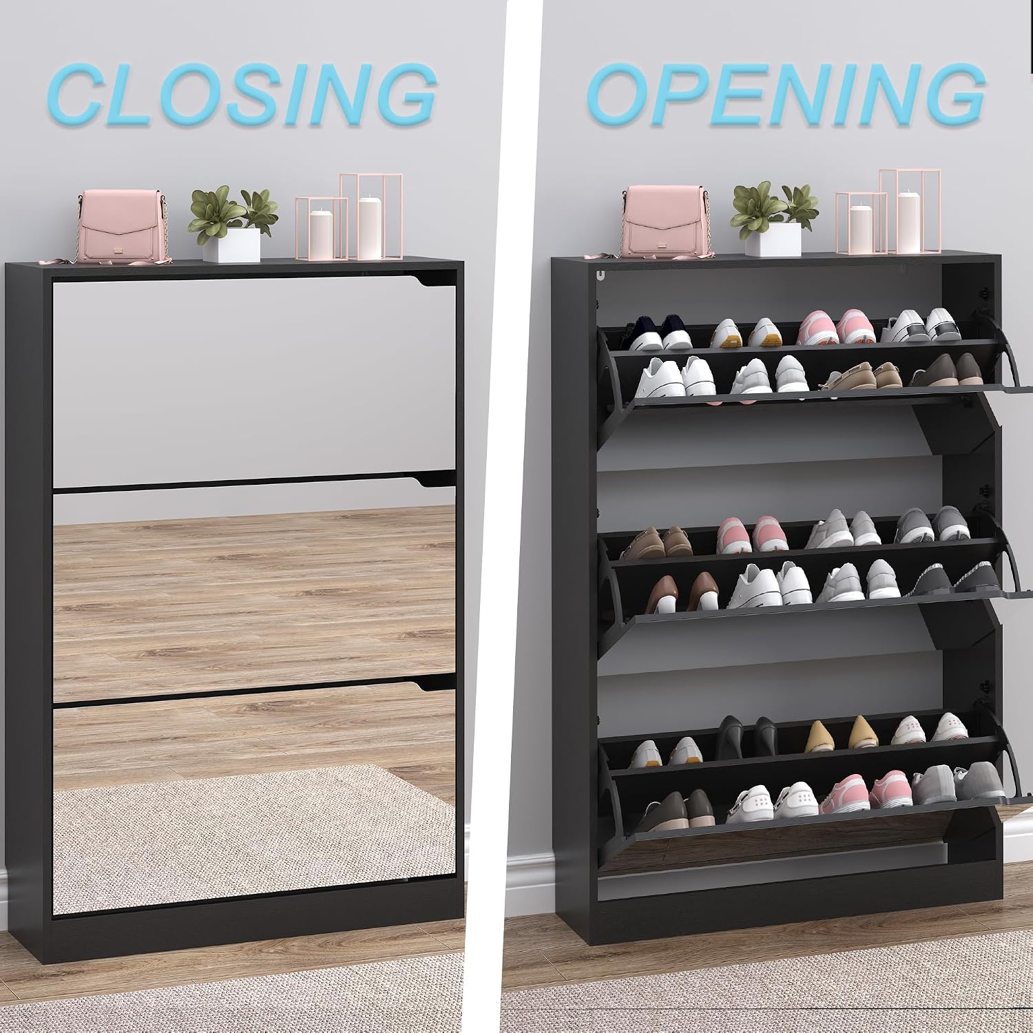 BORNOON Shoe Cabinet with 3-Flip Mirror Drawers, Freestanding Shoe Rack Organizer with Hidden Handle, Slim Narrow Shoe Storage Cabinet for Entryway, Entrance, Hallway, Bedroom