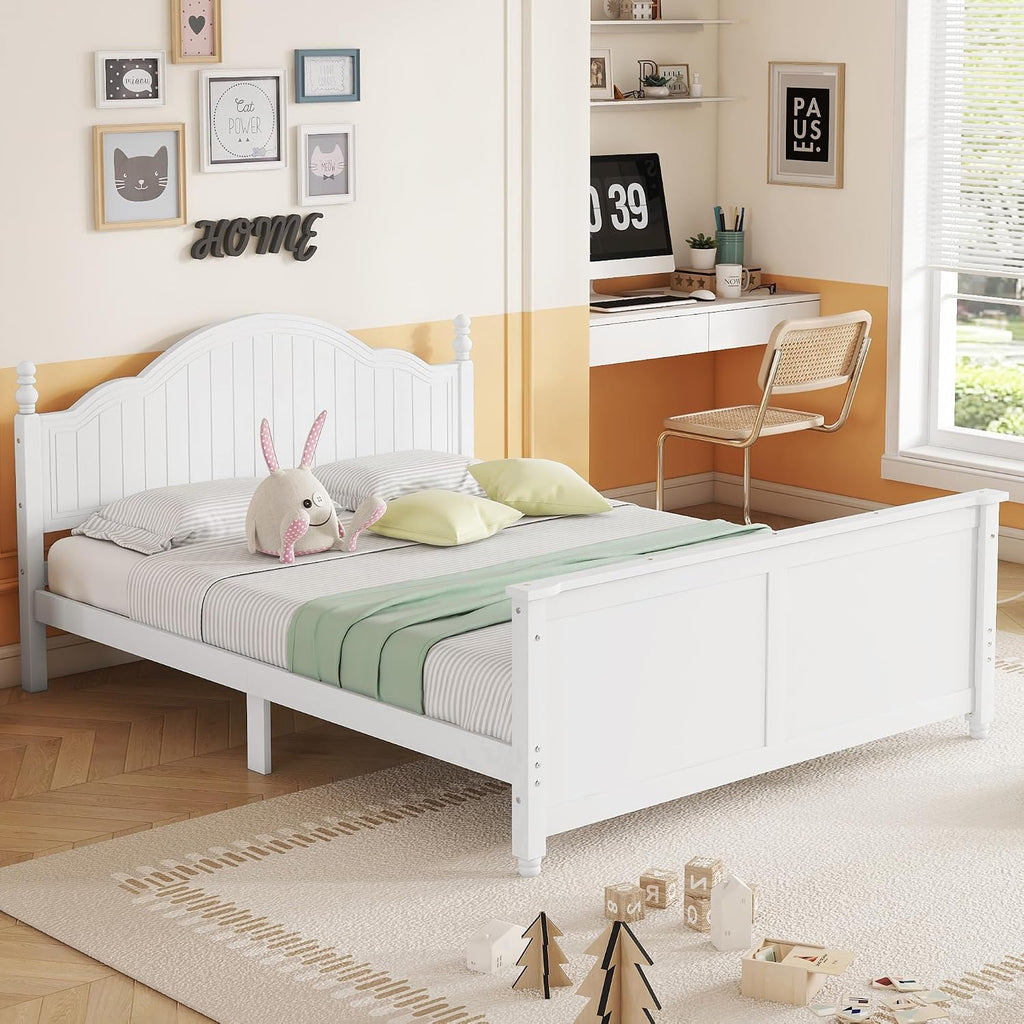KEIKI Full Size Wooden Floor Bed w/Safety Removable Rails, Kids Platform DayBed Frame w/Headboard, Low Profile, Space Saving Day Beds for Boys Girls Bedroom, No Box Spring Needed, Easy Assembly, White