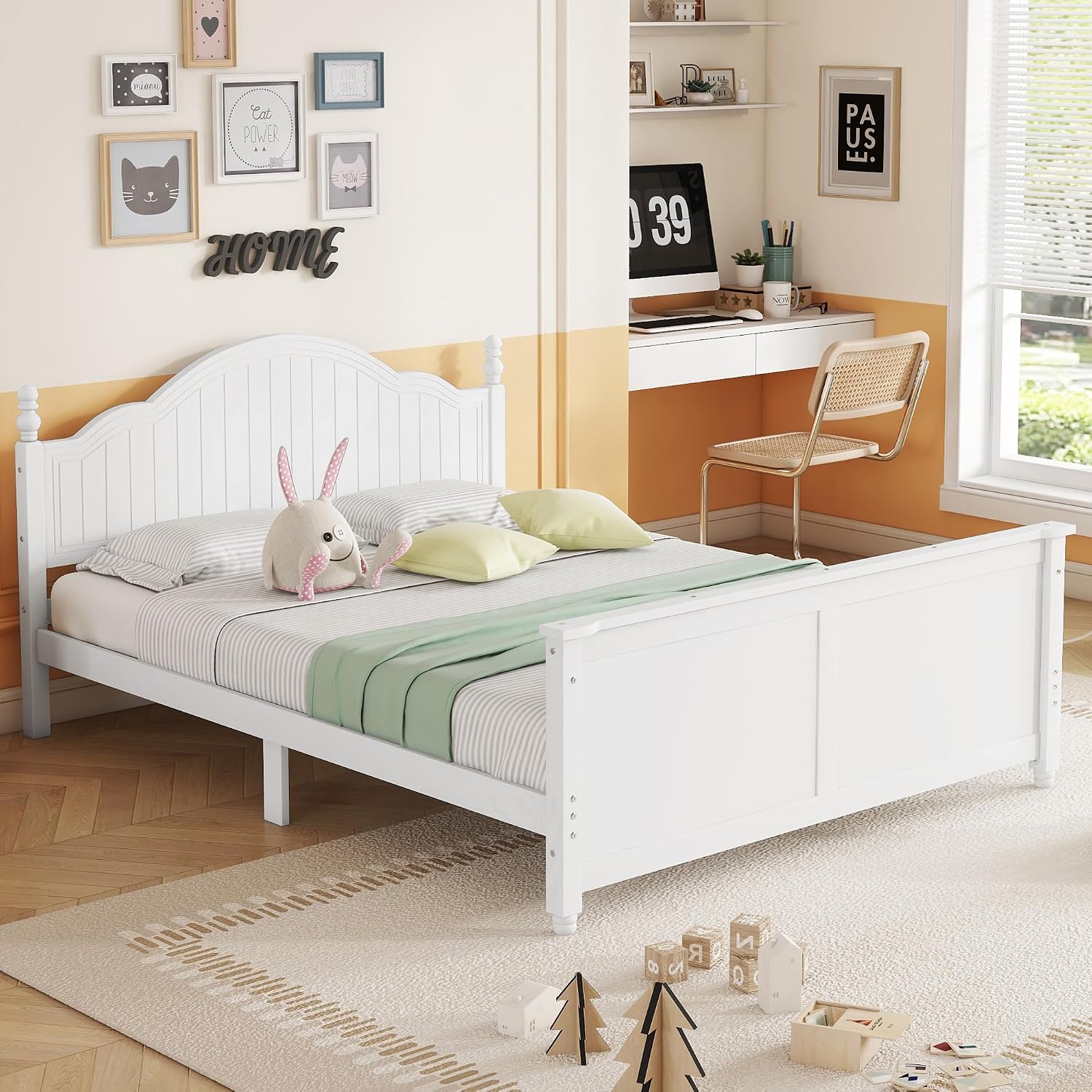 KEIKI Full Size Wooden Floor Bed w/Safety Removable Rails, Kids Platform DayBed Frame w/Headboard, Low Profile, Space Saving Day Beds for Boys Girls Bedroom, No Box Spring Needed, Easy Assembly, White