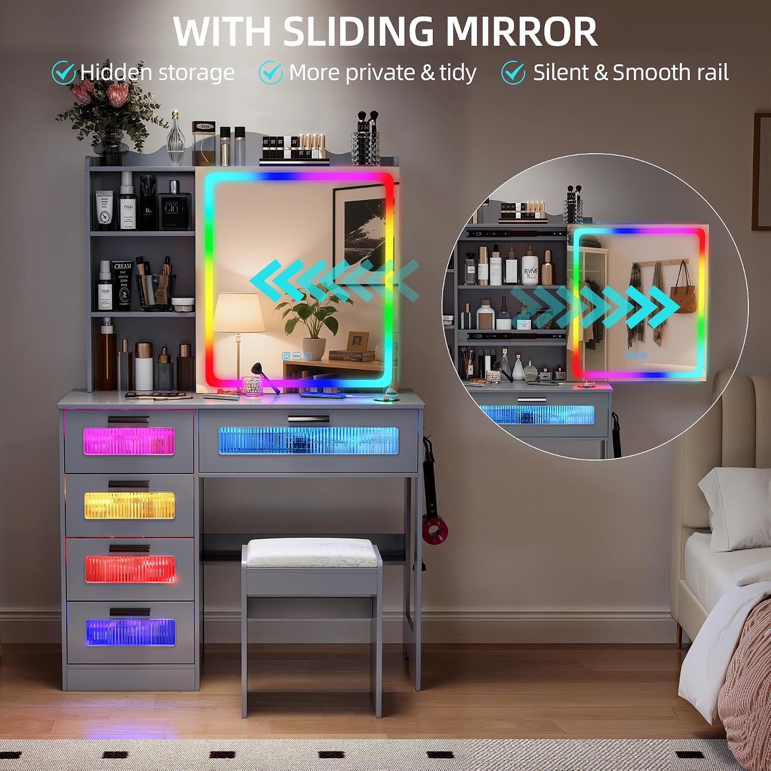 LED Vanity with Sliding Mirror, Smart Makeup Table with 5 Drawers 6 Shelves, Make Up Vanity Desk with Charging Station 14 Color Lighting Modes, Cushioned Stool, USB Type-C for Bedroom Gray