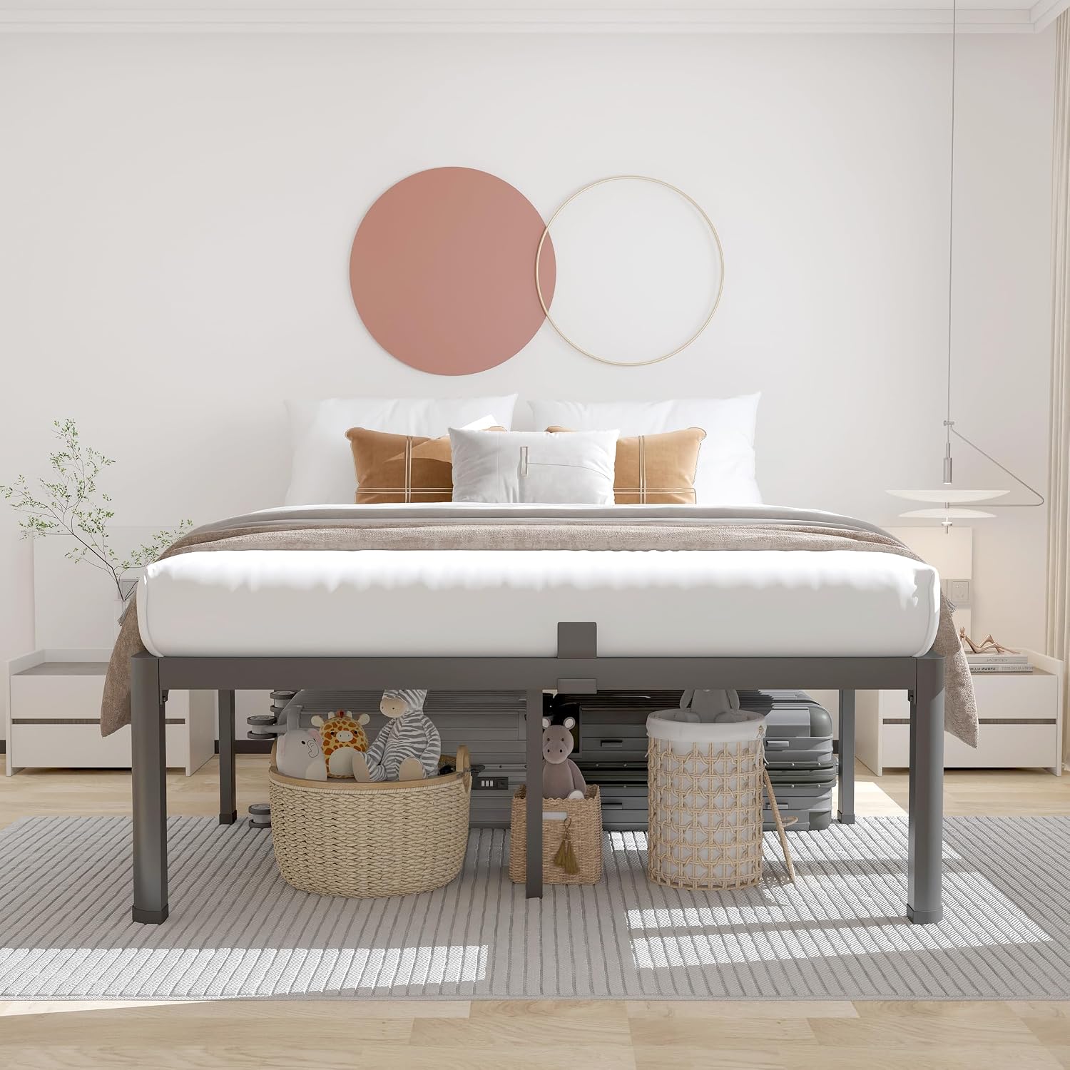 ROIL 16 Inch King Bed Frame with Rounded Corner and Headboard Hole Mattress Retainers 3500LBS Metal Heavy Duty Steel Slats No Box Spring Needed Platform Noise-Free Easy Assembly