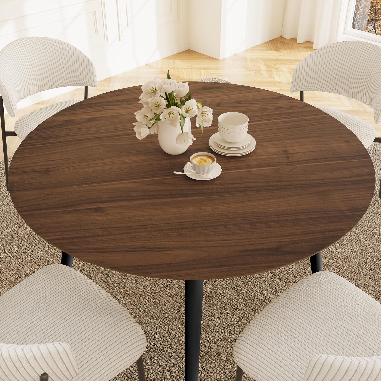HIPIHOM 43.3 Inch Round Dining Table Set for 4, Modern Small Kitchen Coffee Set for Dining Room Kitchen Apartment (Walnut Table + 4 White Shell Chairs)
