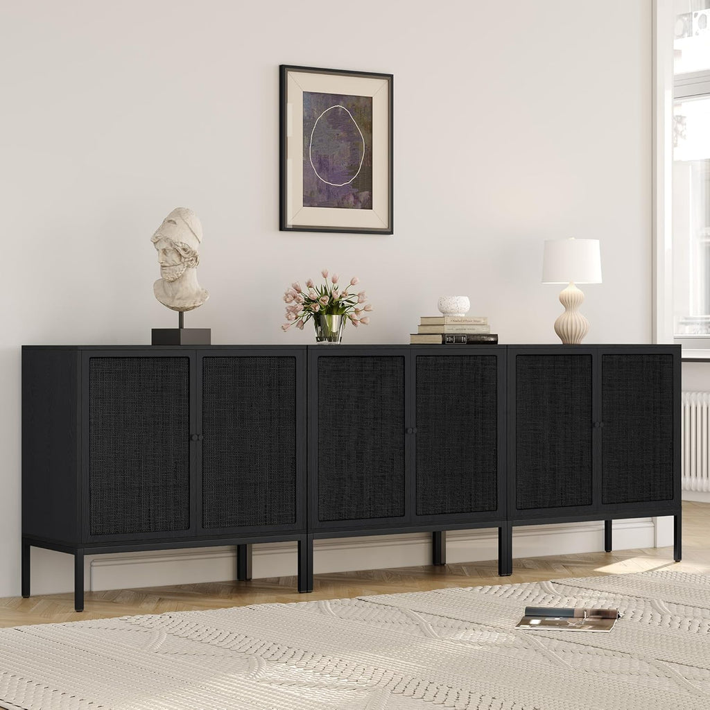 Yechen Set of 2 Full Black Rattan Cabinet, Farmhouse Sideboard Cabinet with Natural Rattan Decorated Doors, Accent Cane Credenza Buffet Console Storage, for Living Room Entryway Kitchen, Metal Legs