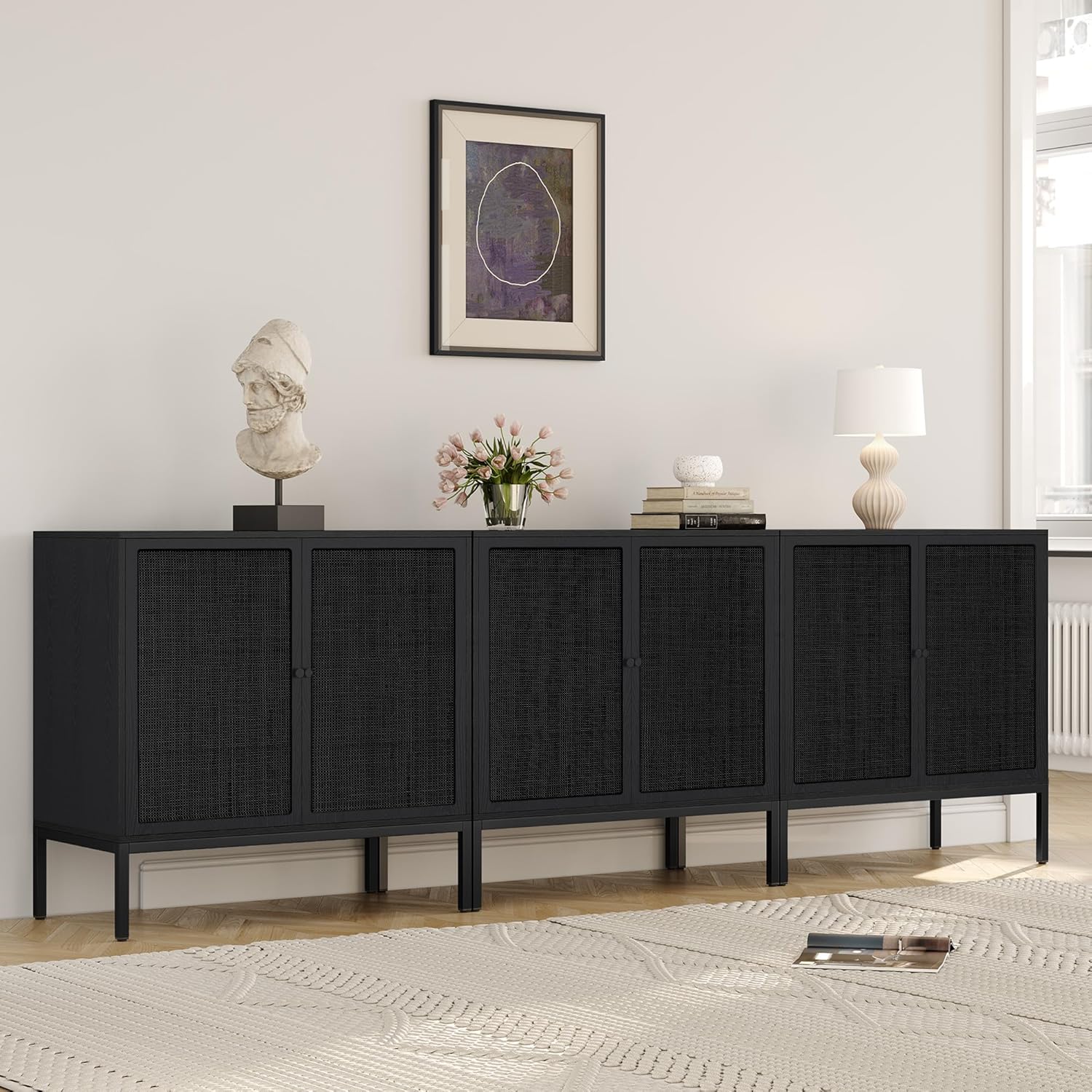 Yechen Set of 2 Full Black Rattan Cabinet, Farmhouse Sideboard Cabinet with Natural Rattan Decorated Doors, Accent Cane Credenza Buffet Console Storage, for Living Room Entryway Kitchen, Metal Legs