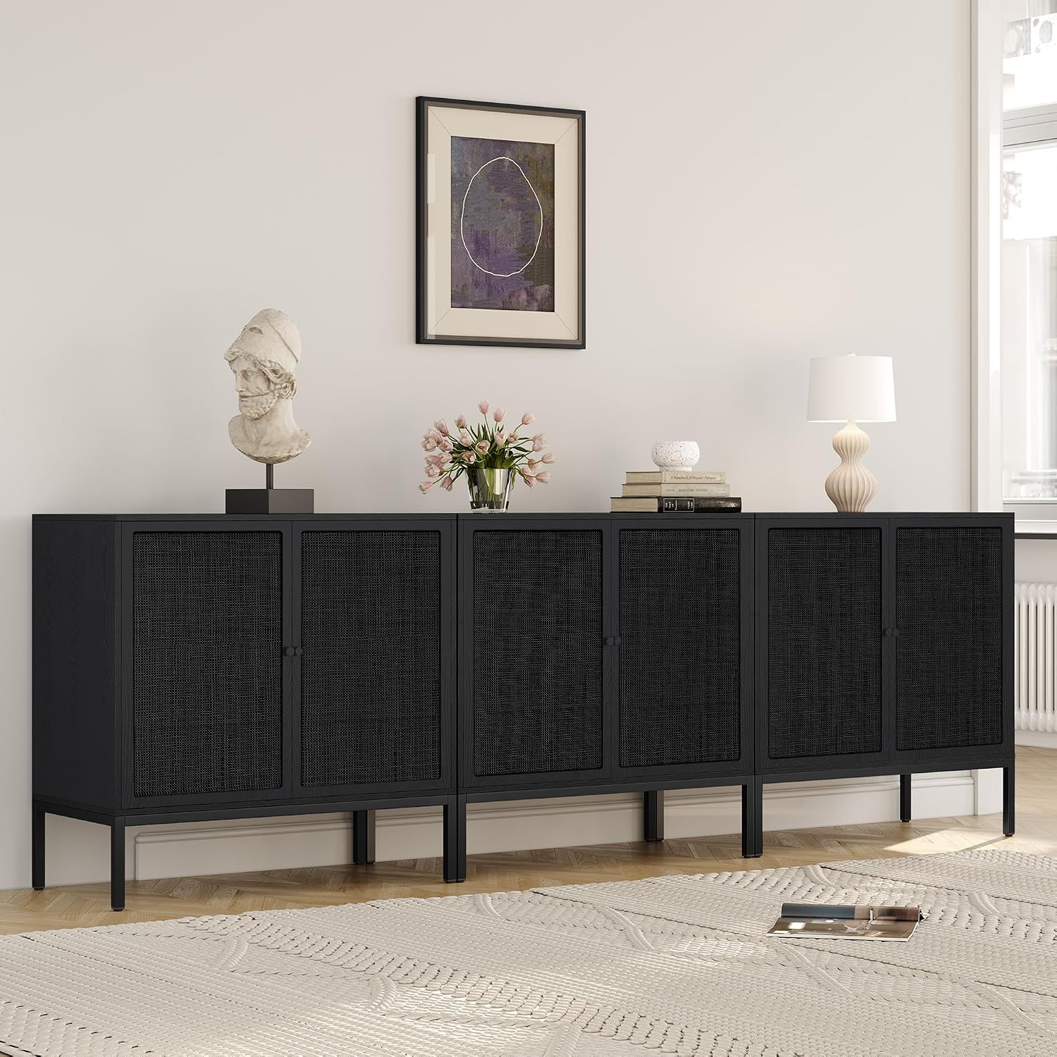 Yechen Full Black Rattan Cabient, Boho Sideboard Cabinet with Natural Rattan Decorated Doors, 31.5' W Accent Cane Credenza Buffet Console Storage, for Living Room Entryway Kitchen, Metal Legs/Set of 3