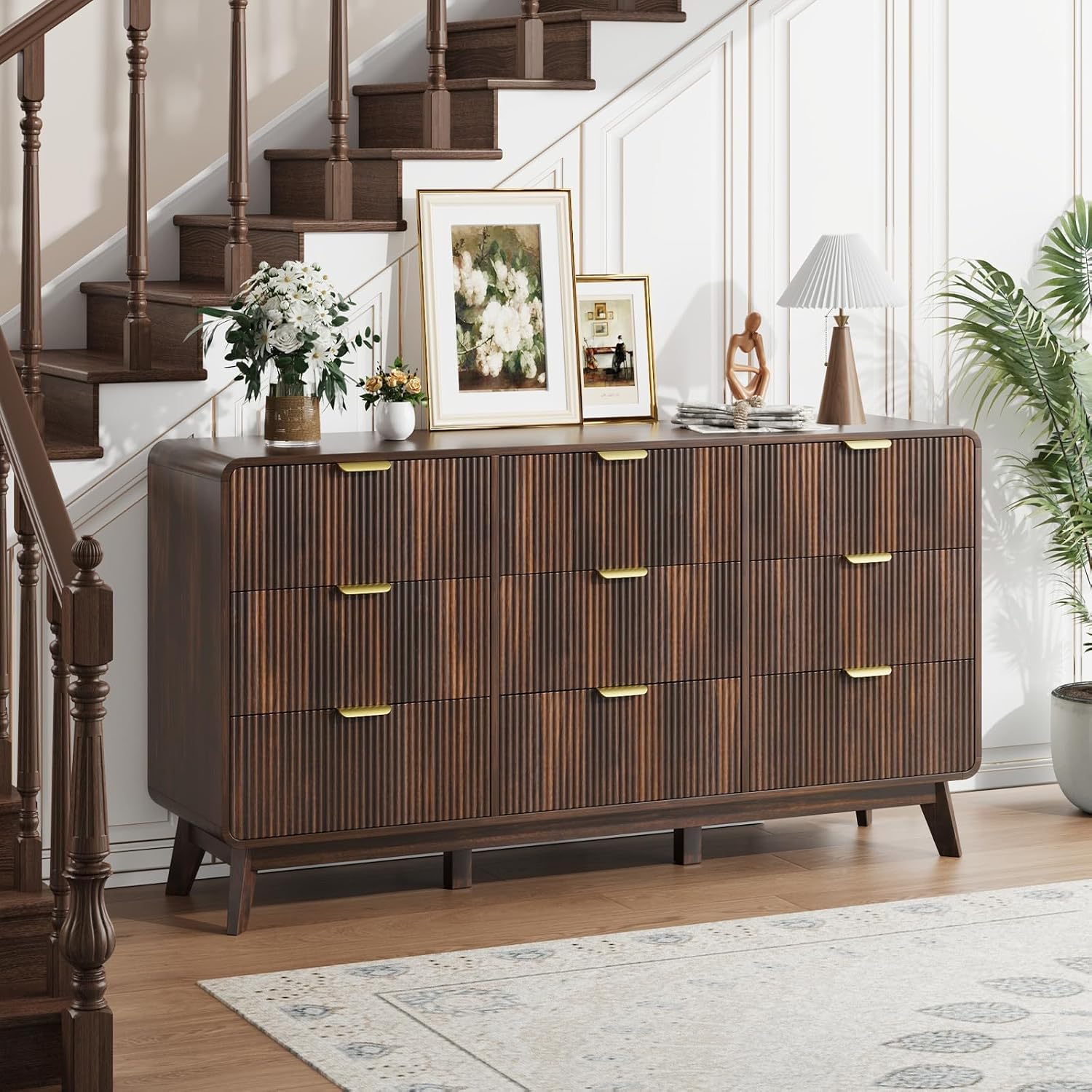 QUW Fluted 59.1' Wide Modern Dresser for Bedroom with 9 Drawers, Tall Chest of Drawers with Metal Handle, Wooden Dresser TV Stand, Hallway, Living Room, Dark Walnut