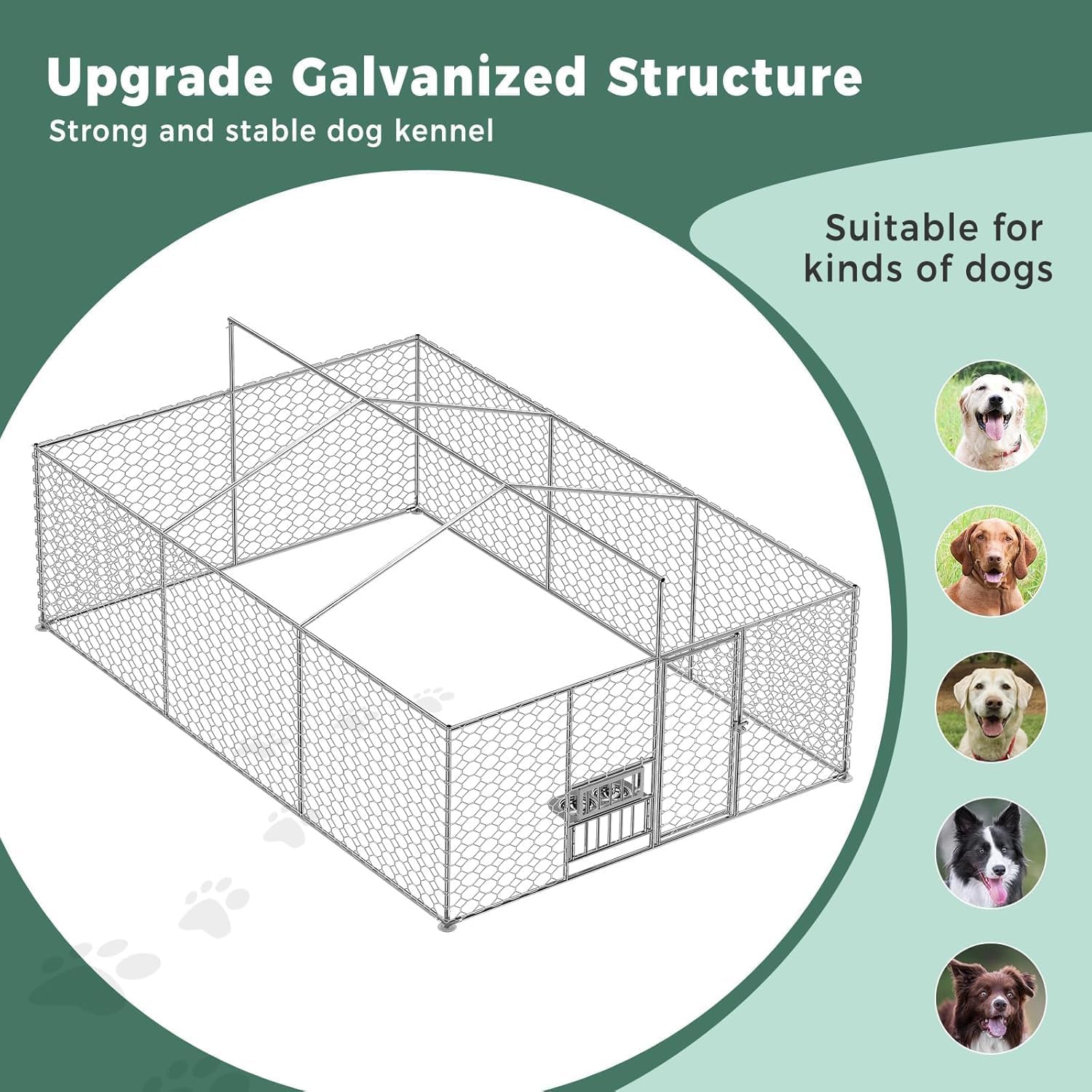 Lyromix 10 x 15FT Outdoor Dog Kennel with Roof & Feeding Bowls, Heavy Duty Galvanized Chain Link Structure, Outdoor Dog Pen with Secure Lock for Yard