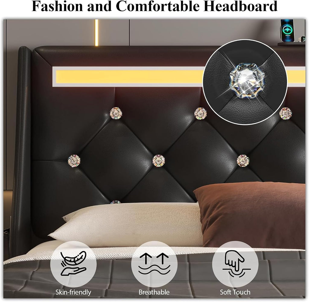 Full Bed Frame with Storage Drawers and LED Lights/Charging Station, Modern Diamond Upholstered Platform Bed with Wingback Headboard, Wooden Slats Support, No Box Spring Needed (Black, Full)