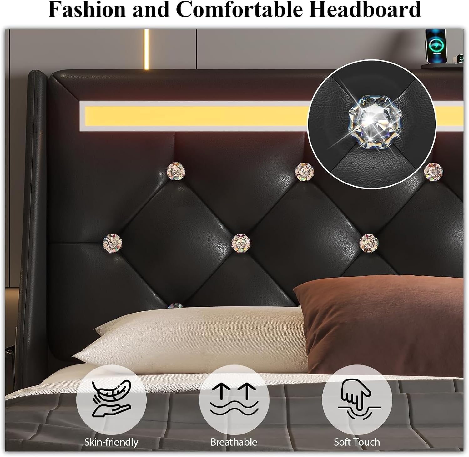 Queen Bed Frame with Storage Drawers and LED Lights/Charging Station, Modern Diamond Upholstered Platform Bed with Wingback Headboard, Wooden Slats Support, No Box Spring Needed (Black, Queen)