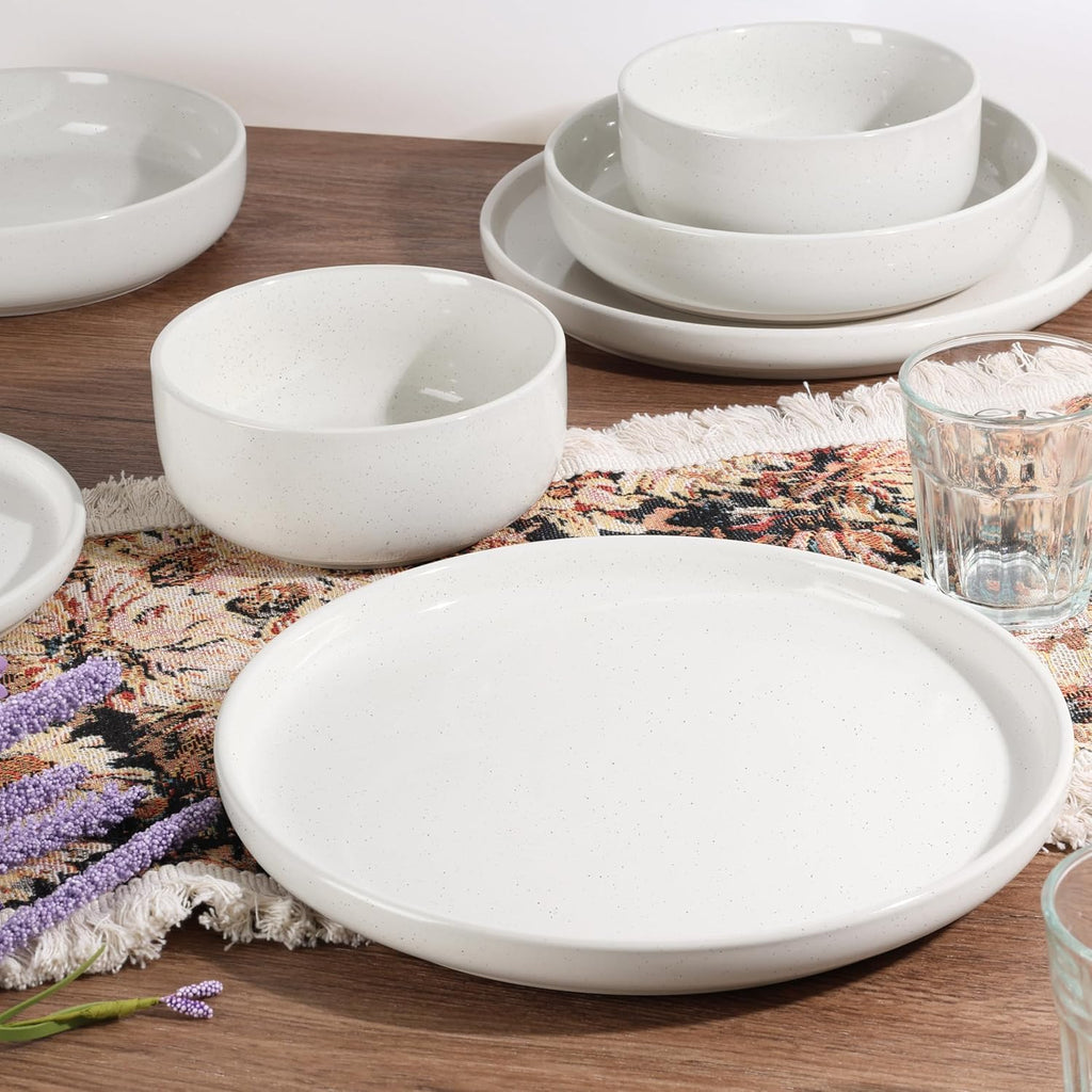 HaWare 24-Piece Plates and Bowls Set for 6, Stoneware Dinnerware Sets with Pasta Bowl, Dishes Set for Home Restaurant, Speckled Milky White