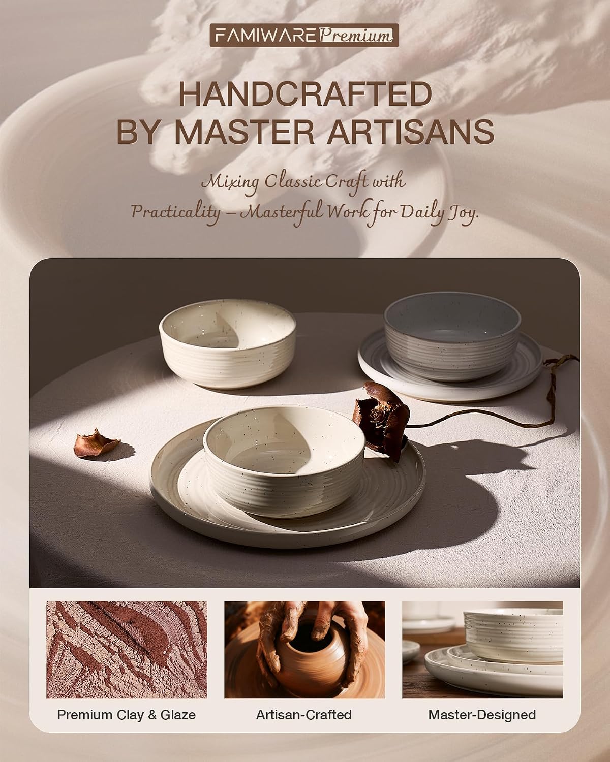 18-Piece Stoneware Reactive Glaze Dinnerware Set, Flared Plates & Bowls with Speckles & Spirals, Chip & Scratch Resistant Dishes, Dishwasher Safe, Service for 6, Gift Box, Shell Beige
