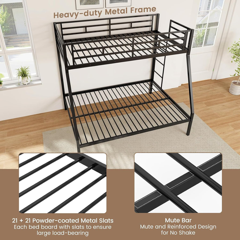 DORTALA Twin Over Full Bunk Bed, Metal Bunk Bed Frame w/Ladder, Safety Rail & Steel Slats, Space-Saving Bunk Beds for Kids Teens Adults, Noise Free for Dorm Bedroom, No Box Spring Needed, Black