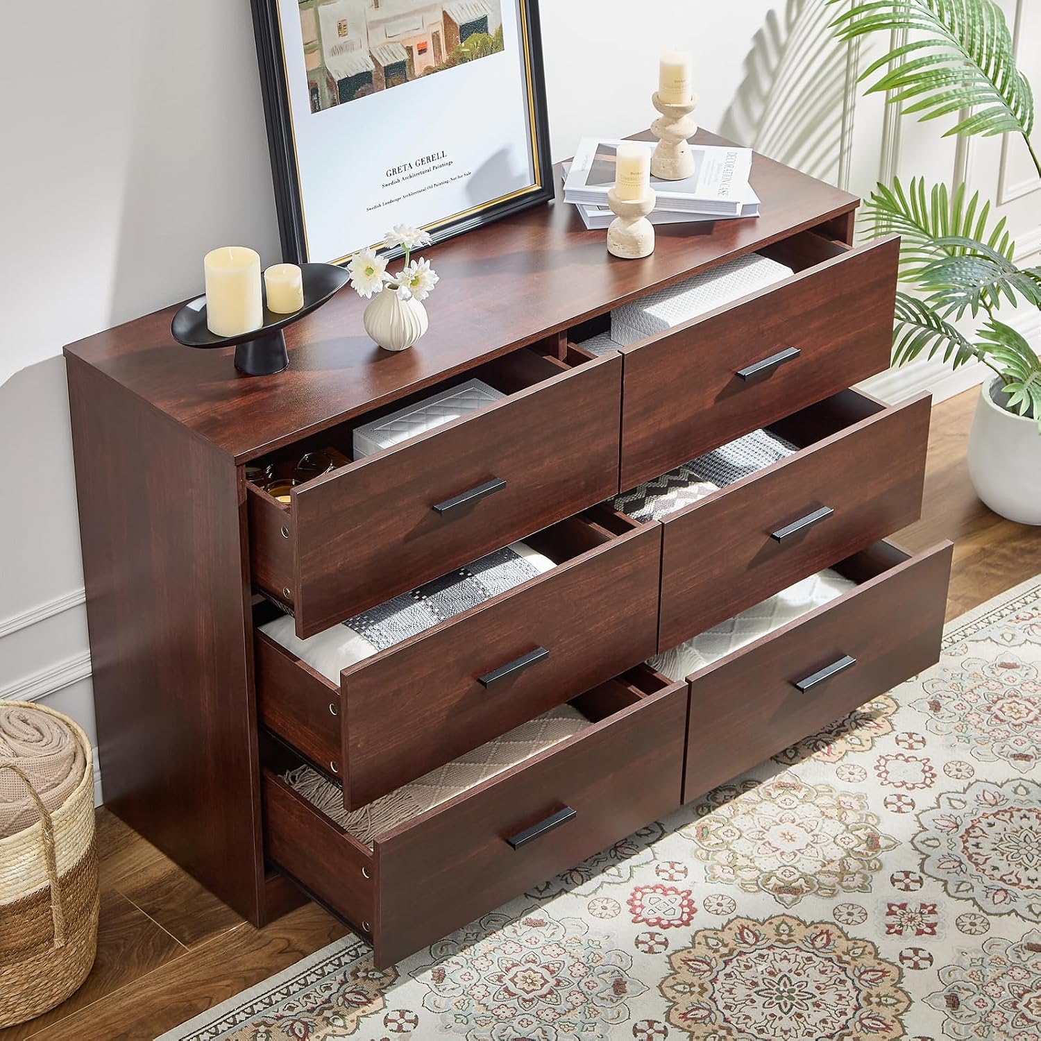 LIDYUK Dark Cherry Dresser for Bedroom, 6 Drawer Dressers & Chests of Drawers, Modern Wood Dresser, 48 Inches Wide Chest of Drawers for Bedroom, Hallway, Living Room