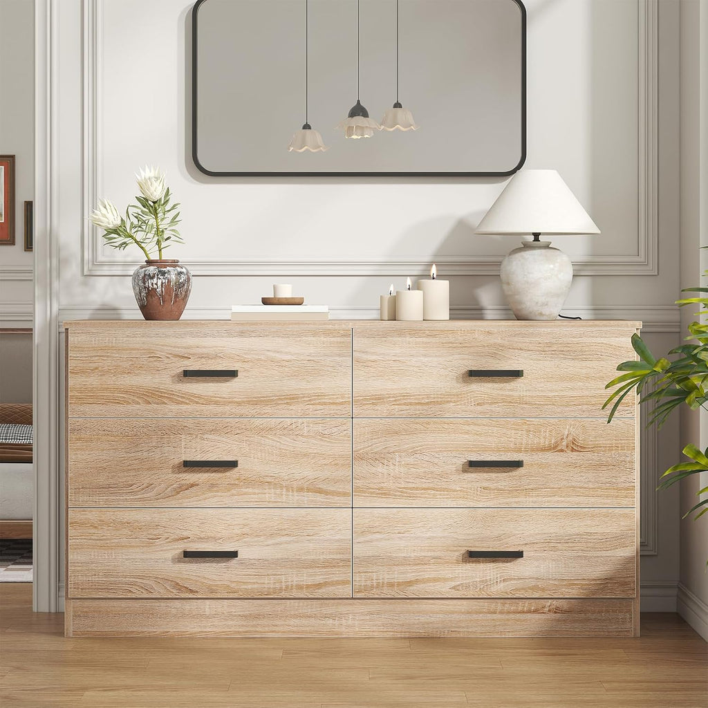 Bigbiglife Dresser for Bedroom, 6 Drawer Double Dresser, Modern Chest of Drawers with Deep Drawers, TV Stand Large Storage Organizer for Living Room, Closet (Light Oak)