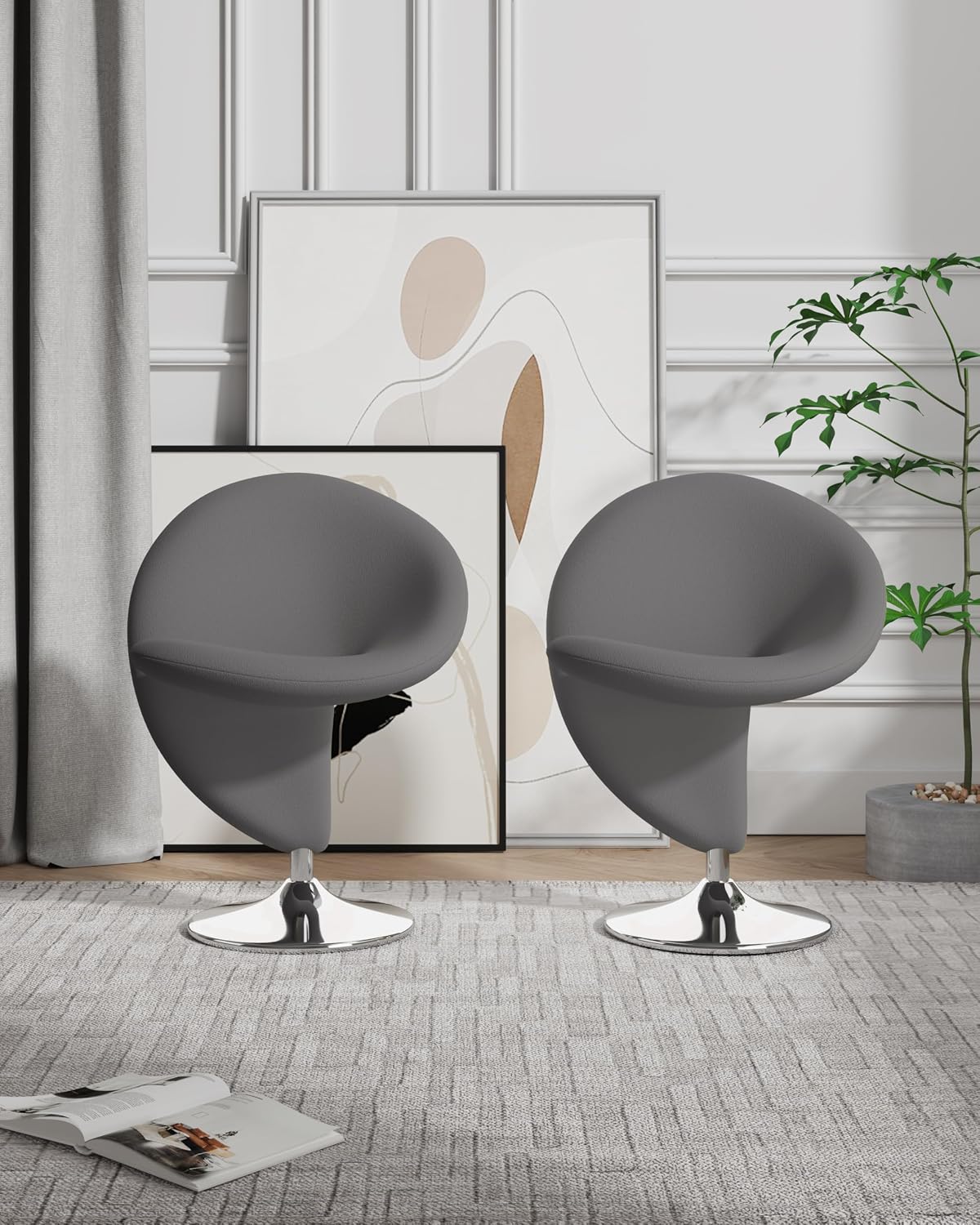 Manhattan Comfort Curl Swivel Accent Chair Set of 2 with 360° Turn, Fully Assembled, Upholstered in Wool Blend, Modern Ergonomic Design with Polished Chrome Base, Living Room & Office, Set of 2, Grey