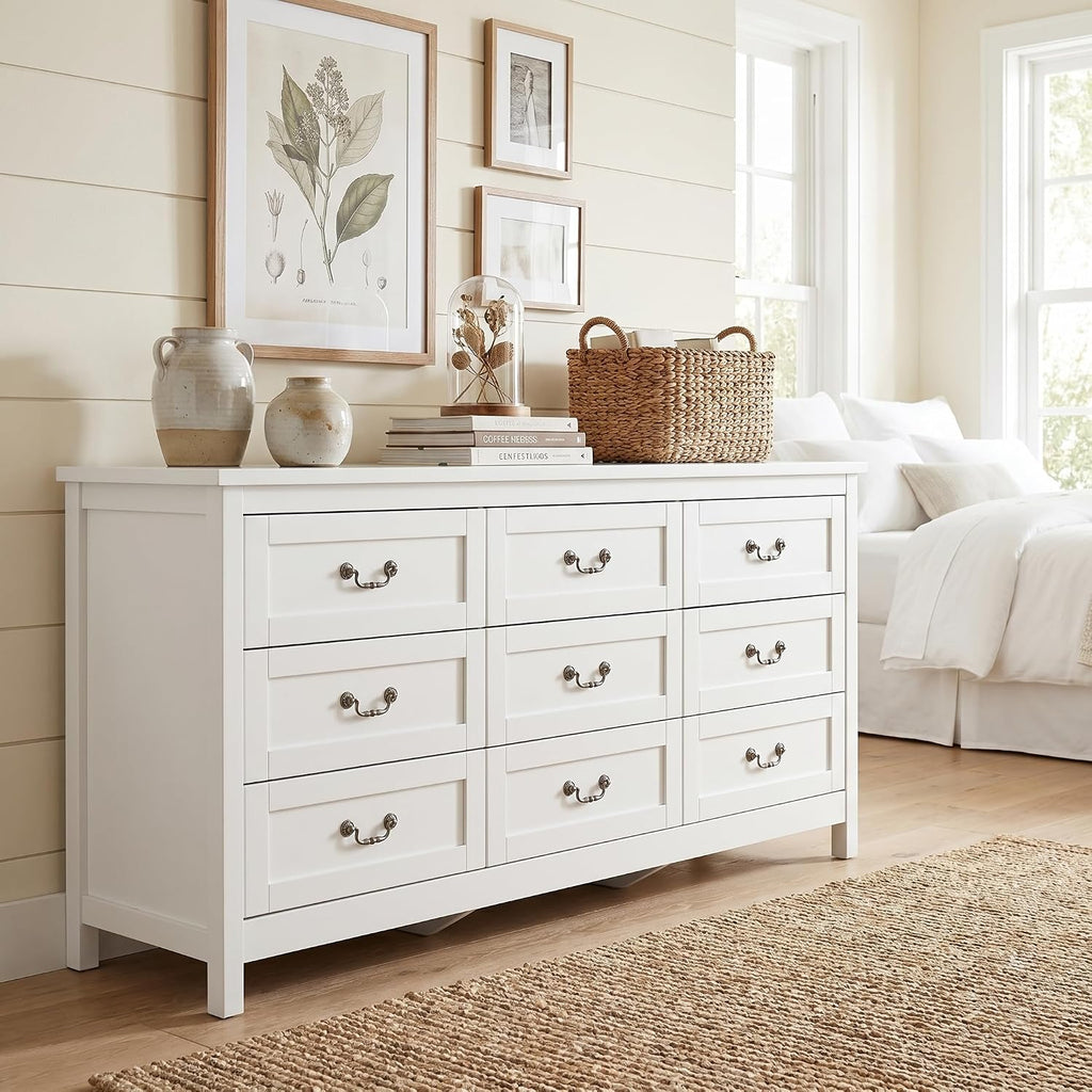 Loomie Upgraded 9-Drawer Dresser for Bedroom, 63' Wide Dresser TV Stand for TVs up to 75', Farmhouse Long Storage Wooden Dressers Organizer, Large Chest of Drawers with Vintage Pull for Closet, White