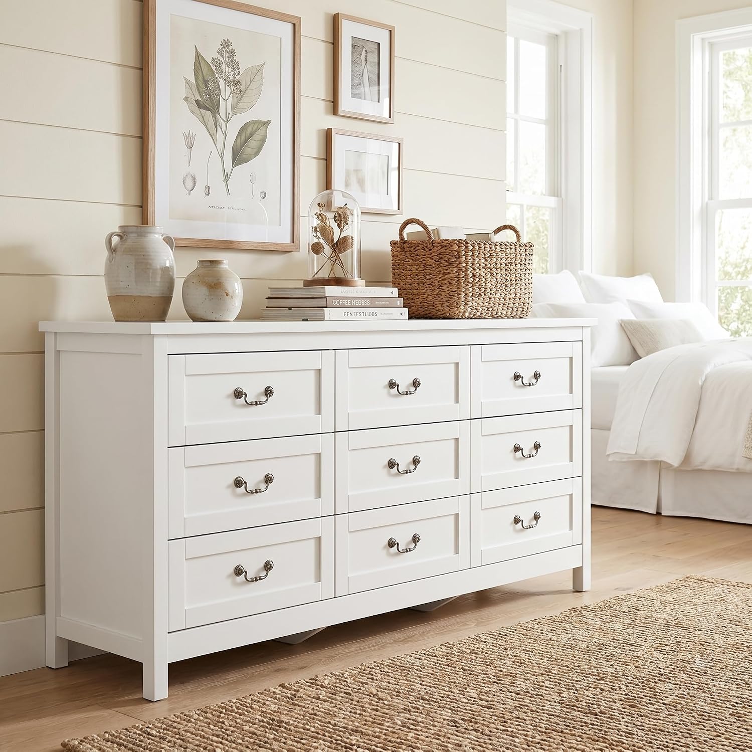 Loomie Upgraded 9-Drawer Dresser for Bedroom, 63' Wide Dresser TV Stand for TVs up to 75', Farmhouse Long Storage Wooden Dressers Organizer, Large Chest of Drawers with Vintage Pull for Closet, White