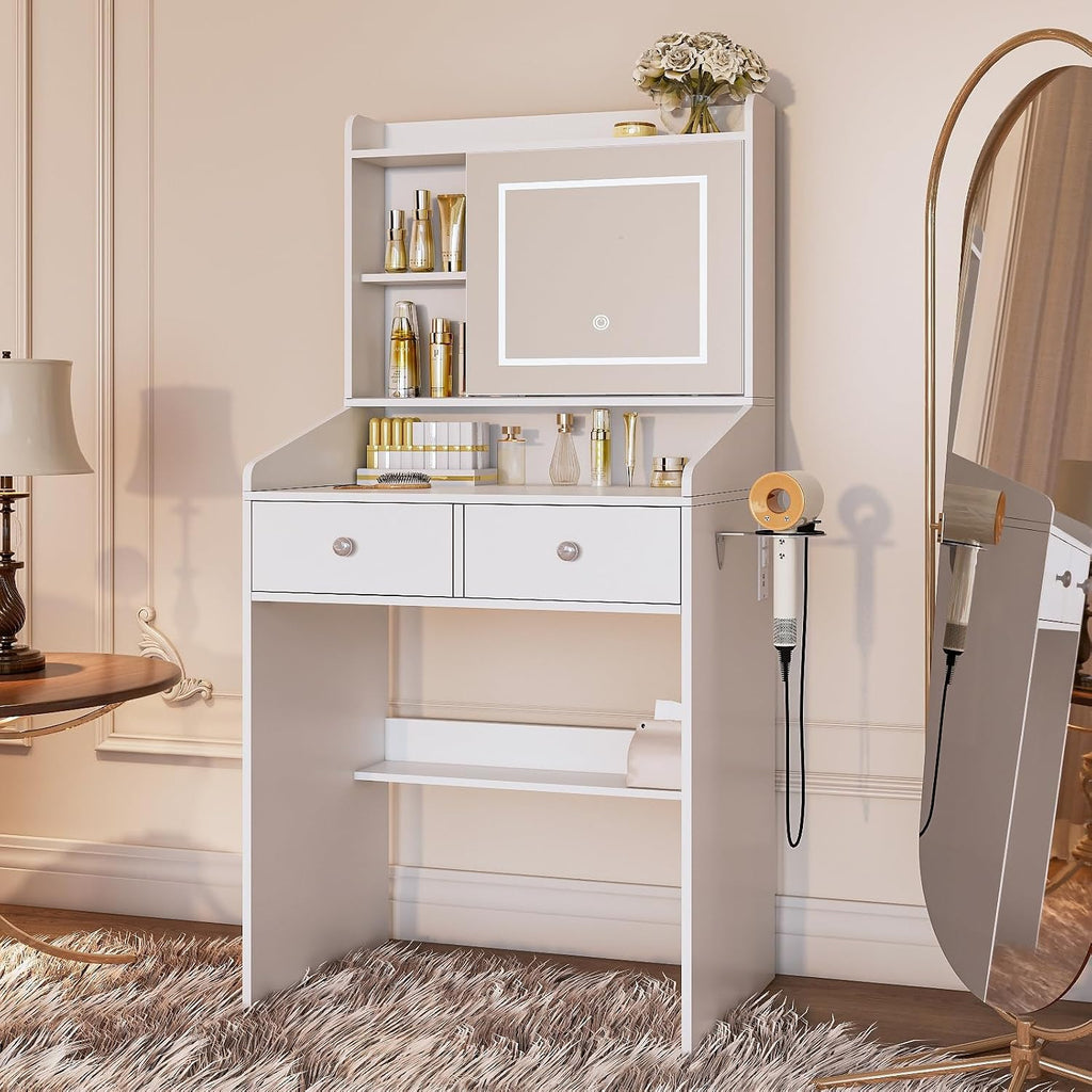 Viaozutis Vanity, Small Vanity Desk with Sliding Mirror, Dimmable LED Lights, 2 Drawers,Vanity Table Ideal for Bedroom (White)