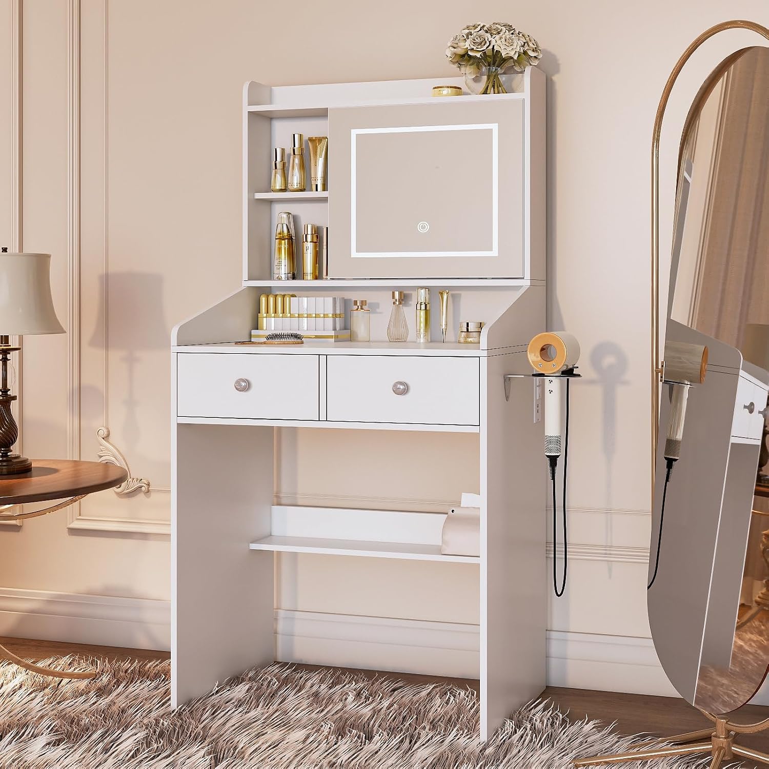 Viaozutis Vanity, Small Vanity Desk with Sliding Mirror, Dimmable LED Lights, 2 Drawers,Vanity Table Ideal for Bedroom (White)