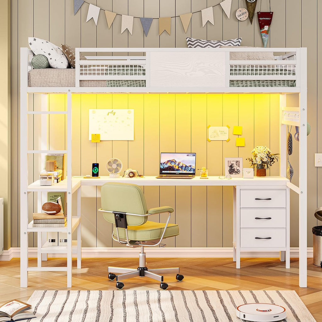 ADORNEVE Loft Bed Twin Size with L-Shaped Desk, LED Lights,Charging Station, Twin Metal Loft Bed Frame with Fabric Drawers & Shelve, 13.4' H Safety Guardrail, No Box Spring Needed, White